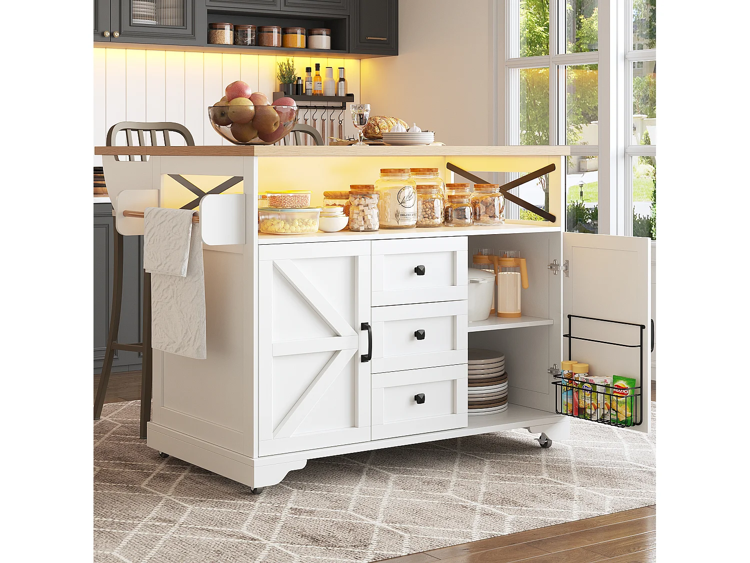Mobile Kitchen Island - Extendable Top - 120x71x98cm - with LED Lighting - 2 Doors and 3 Drawers - Open Shelves - White