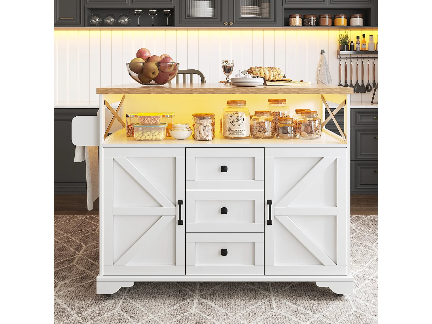 Mobile Kitchen Island - Extendable Top - 120x71x98cm - with LED Lighting - 2 Doors and 3 Drawers - Open Shelves - White