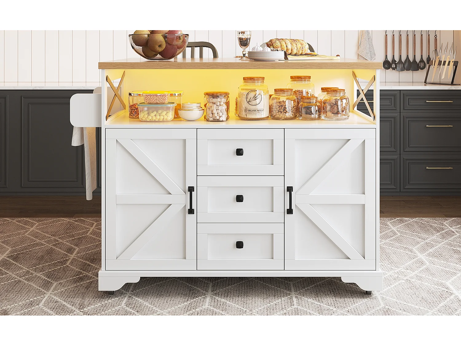 Mobile Kitchen Island - Extendable Top - 120x71x98cm - with LED Lighting - 2 Doors and 3 Drawers - Open Shelves - White