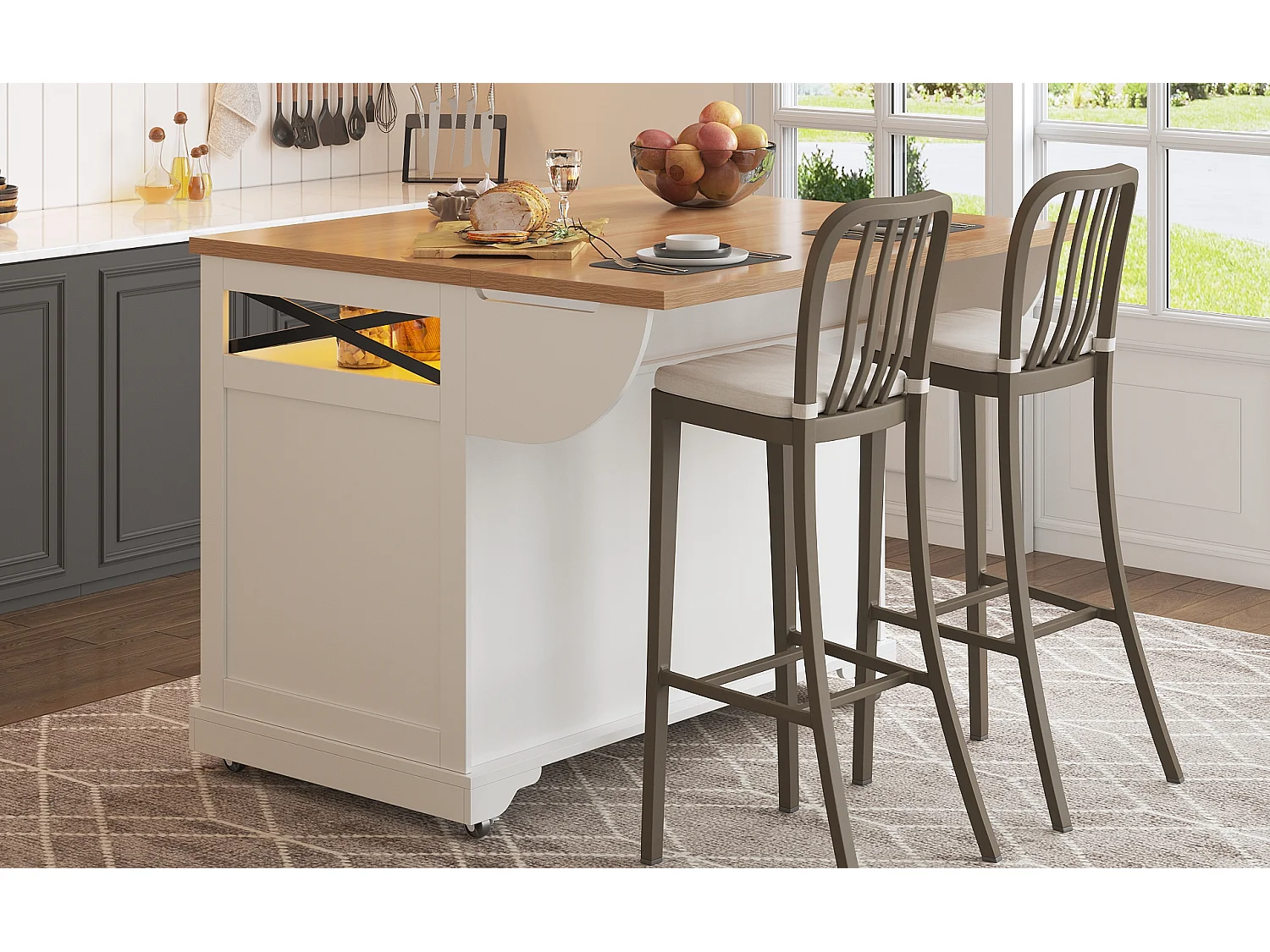 Mobile Kitchen Island - Extendable Top - 120x71x98cm - with LED Lighting - 2 Doors and 3 Drawers - Open Shelves - White