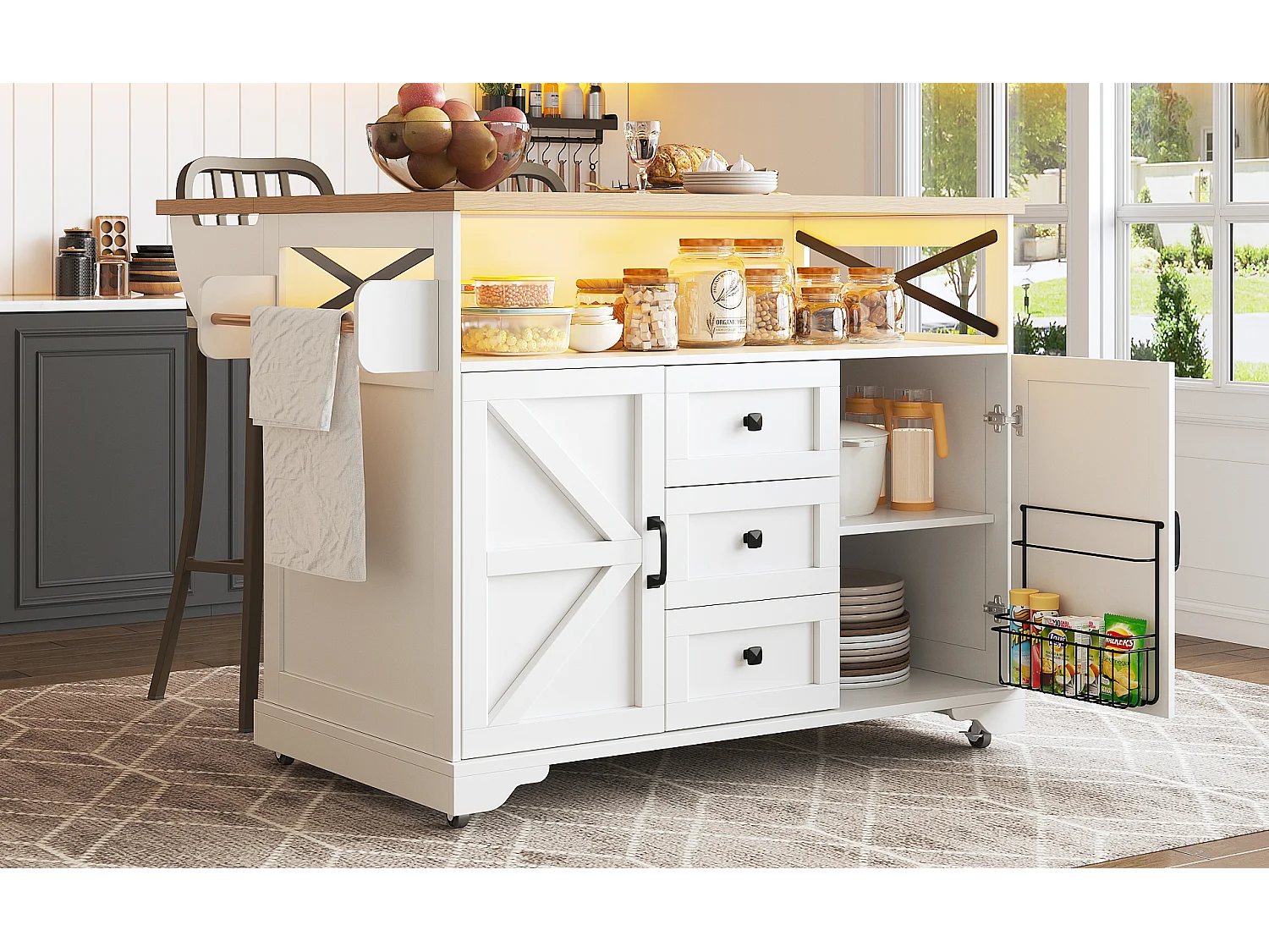 Mobile Kitchen Island - Extendable Top - 120x71x98cm - with LED Lighting - 2 Doors and 3 Drawers - Open Shelves - White