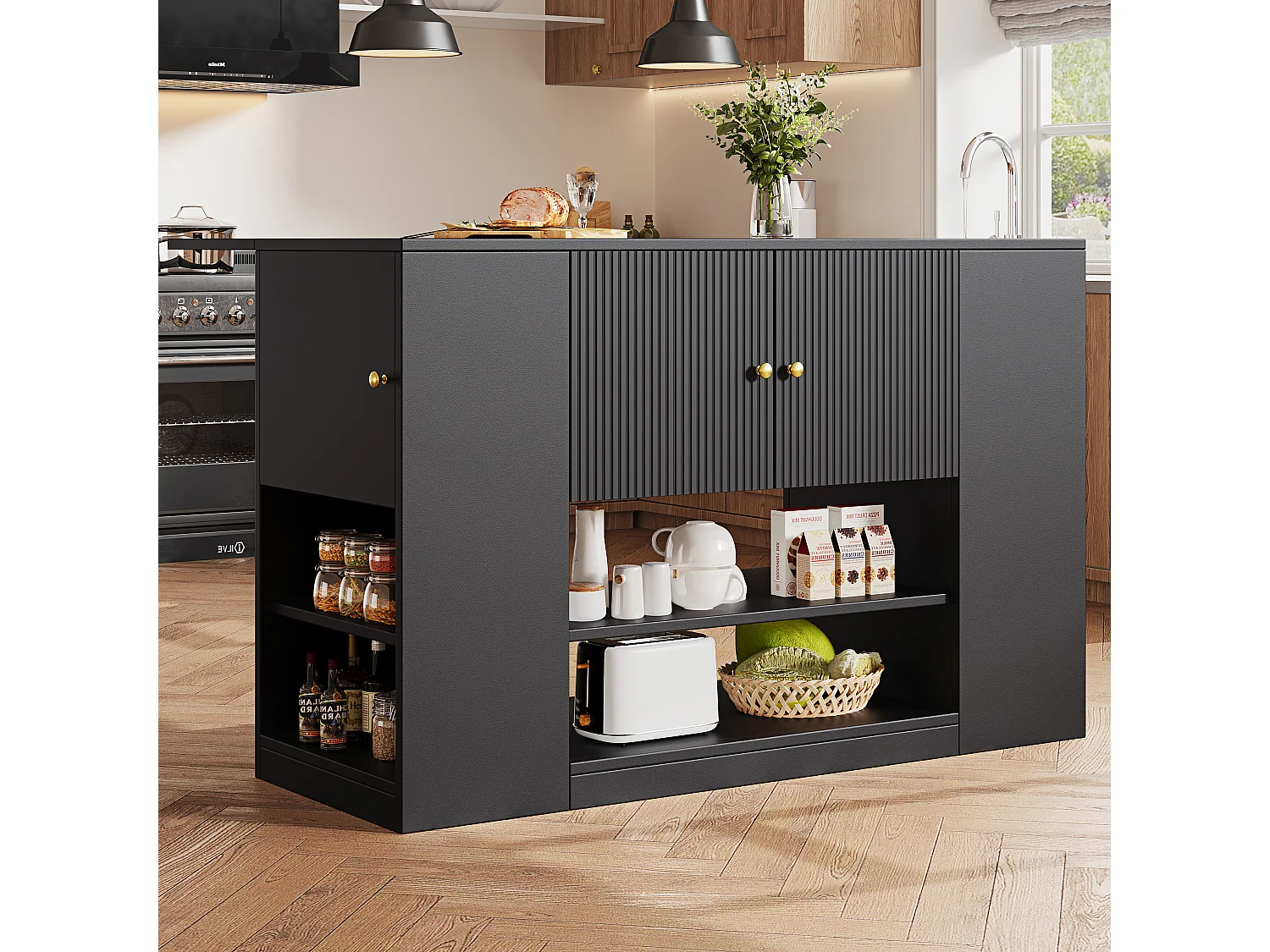 Kitchen Island - Extendable Top - 2 Drawers and 3 Doors - With Open Shelves - MDF - Black