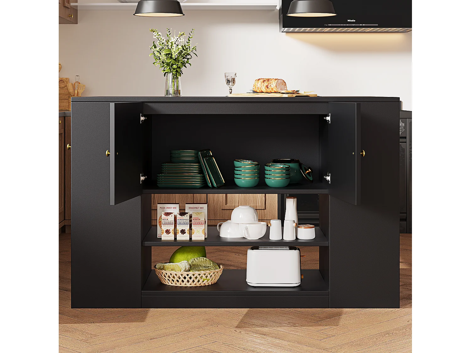 Kitchen Island - Extendable Top - 2 Drawers and 3 Doors - With Open Shelves - MDF - Black