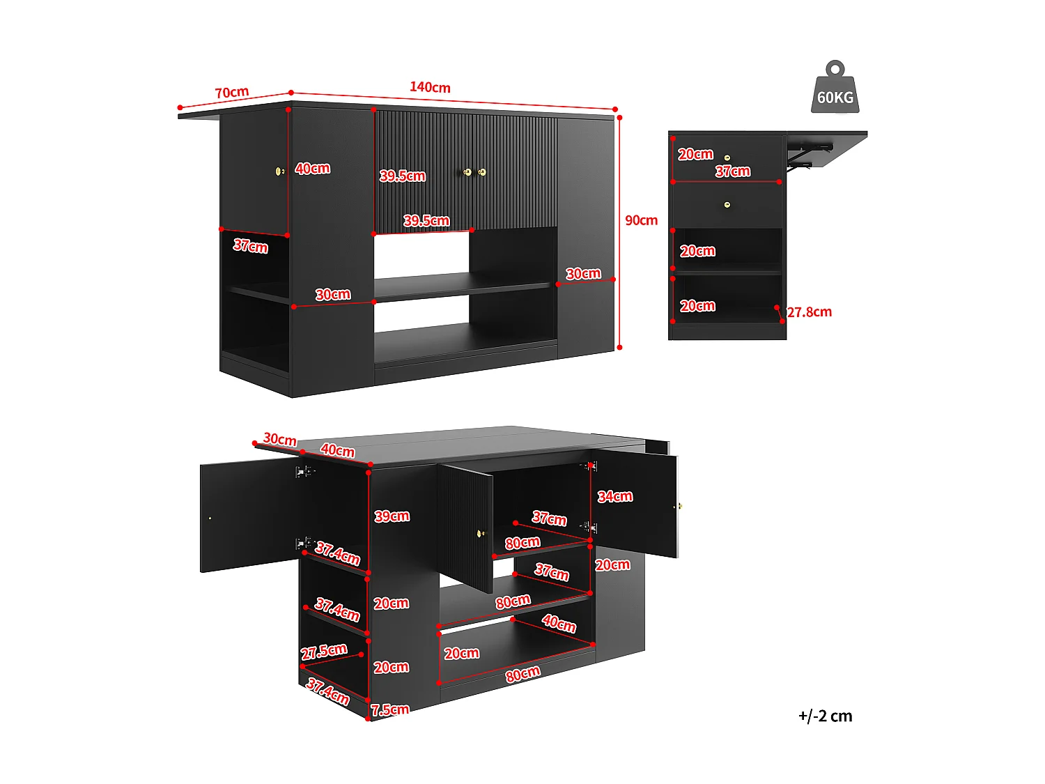 Kitchen Island - Extendable Top - 2 Drawers and 3 Doors - With Open Shelves - MDF - Black