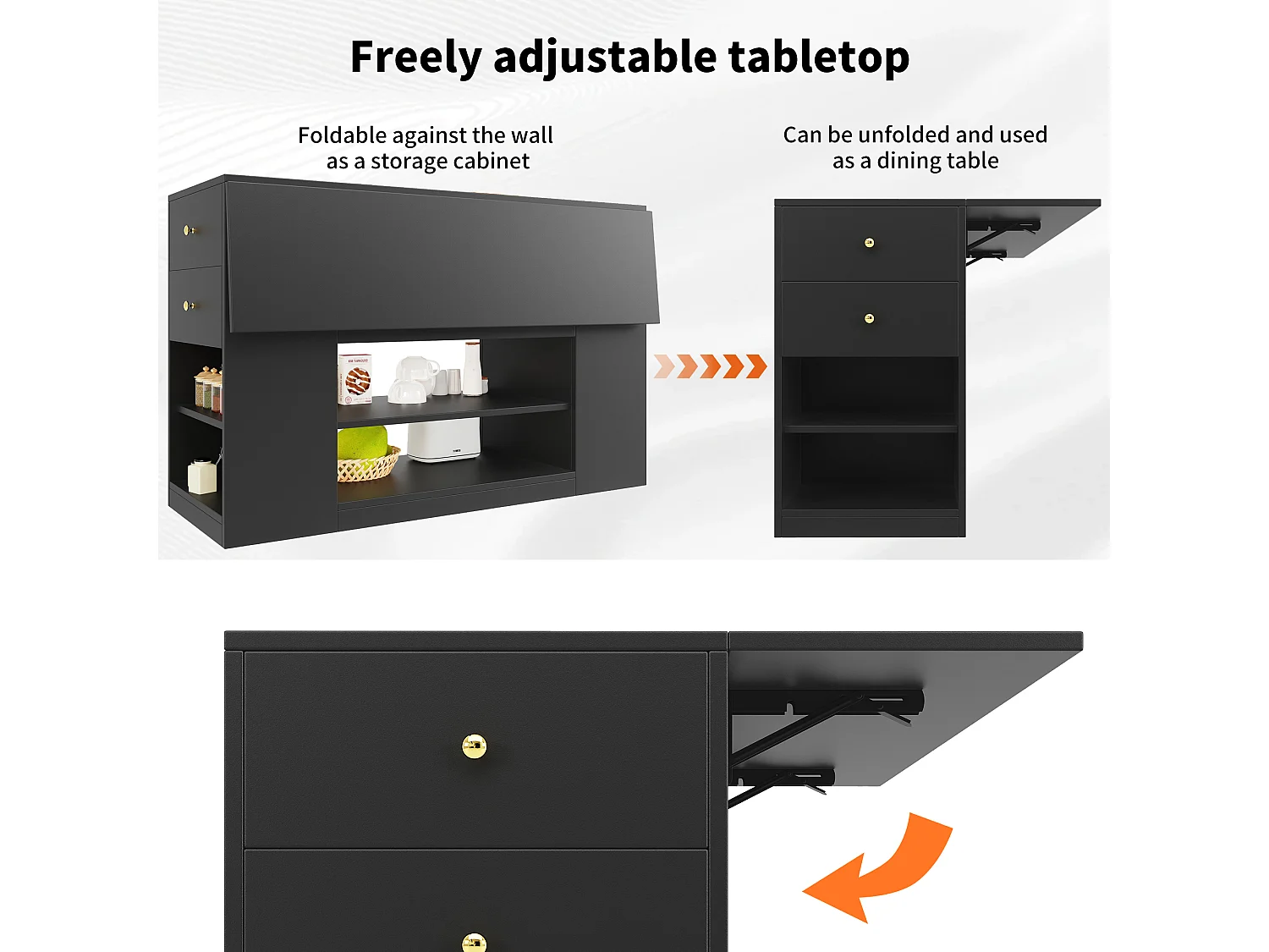 Kitchen Island - Extendable Top - 2 Drawers and 3 Doors - With Open Shelves - MDF - Black