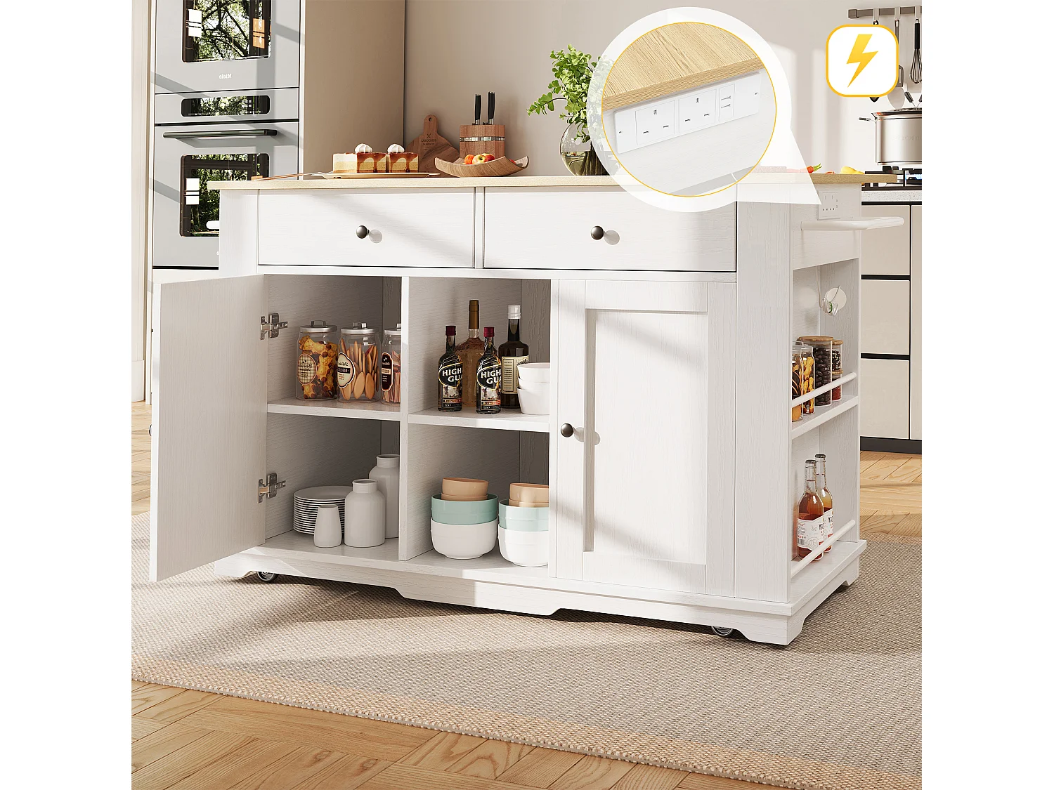 Kitchen island - rolling cart with power outlets - with extendable countertop - 2 doors, 2 drawers, and 2 compartments - White
