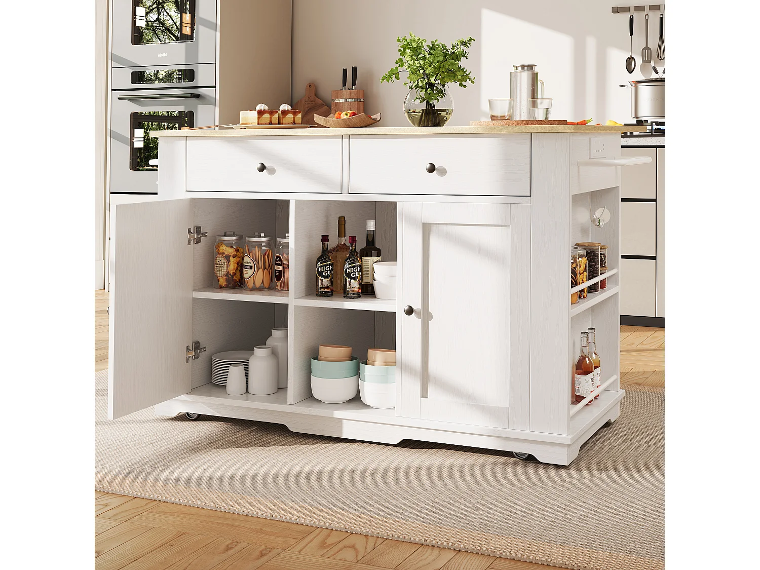 Kitchen island - rolling cart with power outlets - with extendable countertop - 2 doors, 2 drawers, and 2 compartments - White