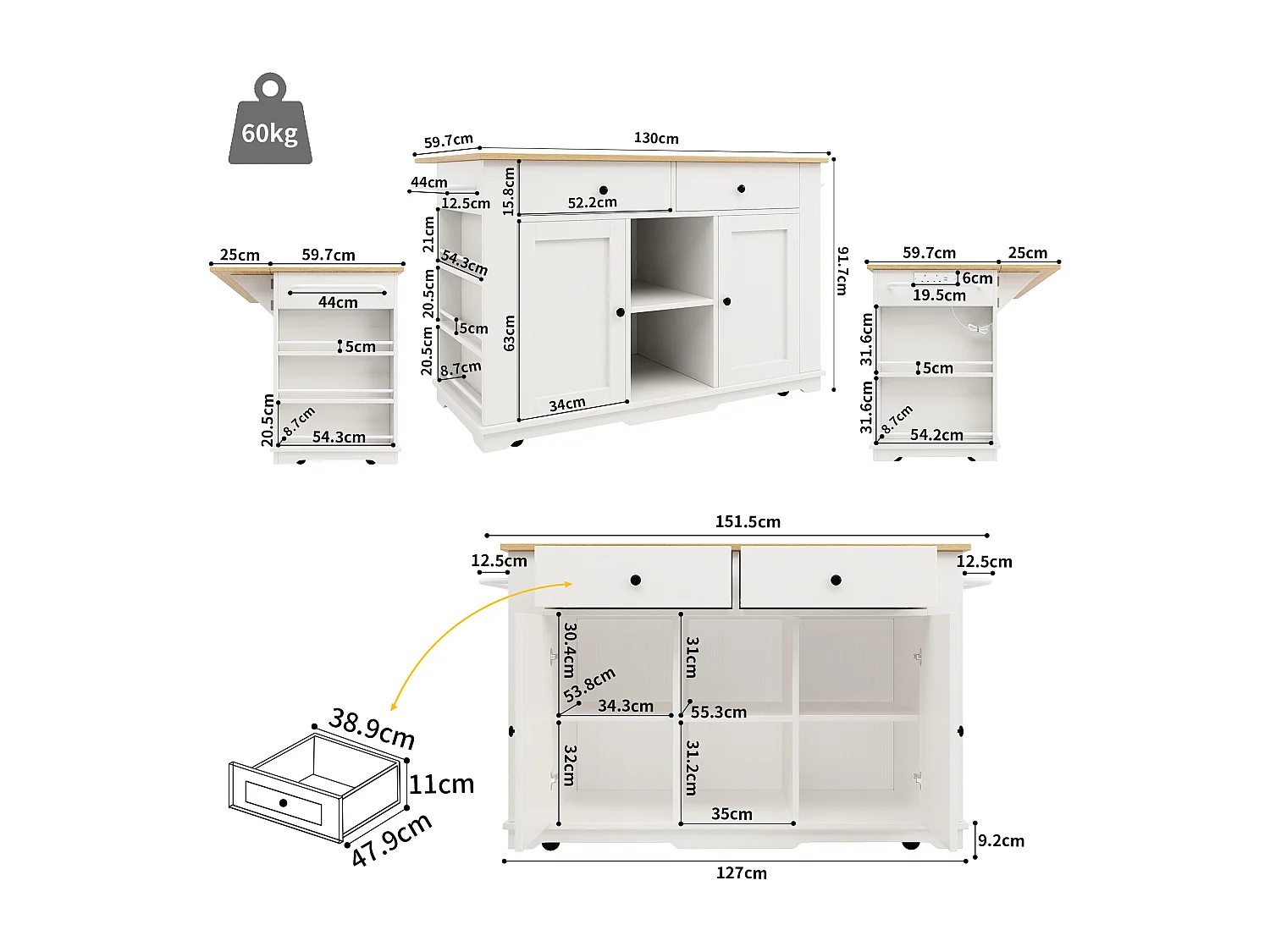 Kitchen island - rolling cart with power outlets - with extendable countertop - 2 doors, 2 drawers, and 2 compartments - White