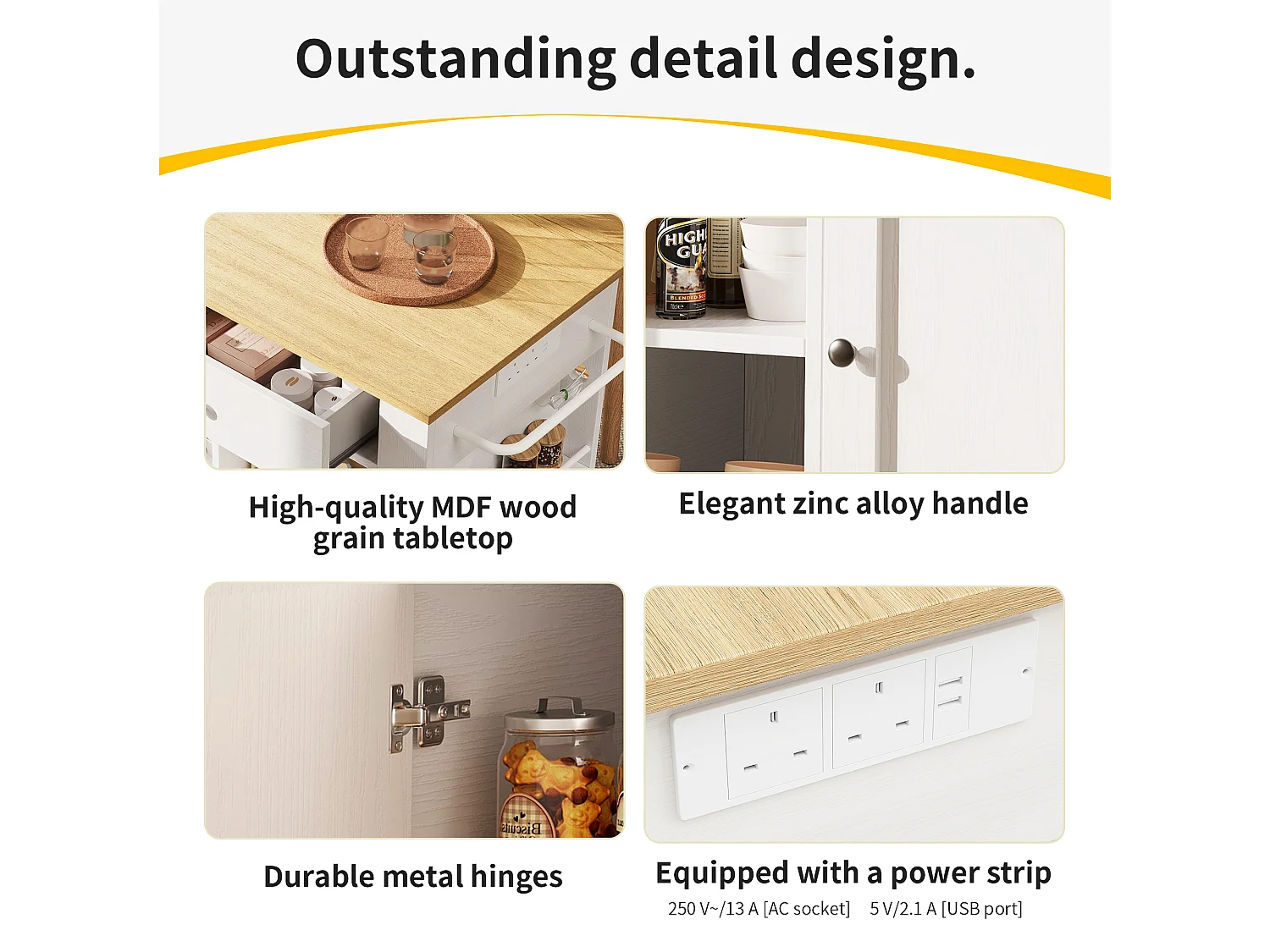 Kitchen island - rolling cart with power outlets - with extendable countertop - 2 doors, 2 drawers, and 2 compartments - White