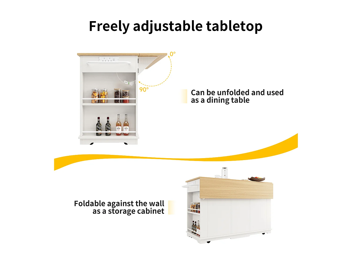 Kitchen island - rolling cart with power outlets - with extendable countertop - 2 doors, 2 drawers, and 2 compartments - White