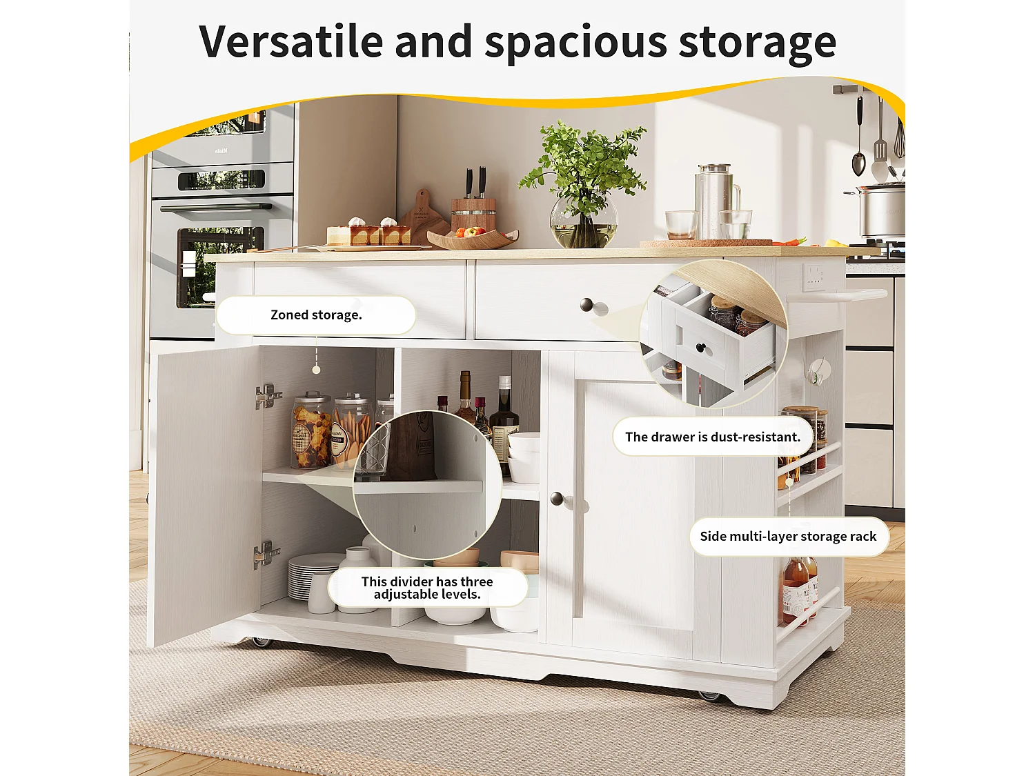 Kitchen island - rolling cart with power outlets - with extendable countertop - 2 doors, 2 drawers, and 2 compartments - White