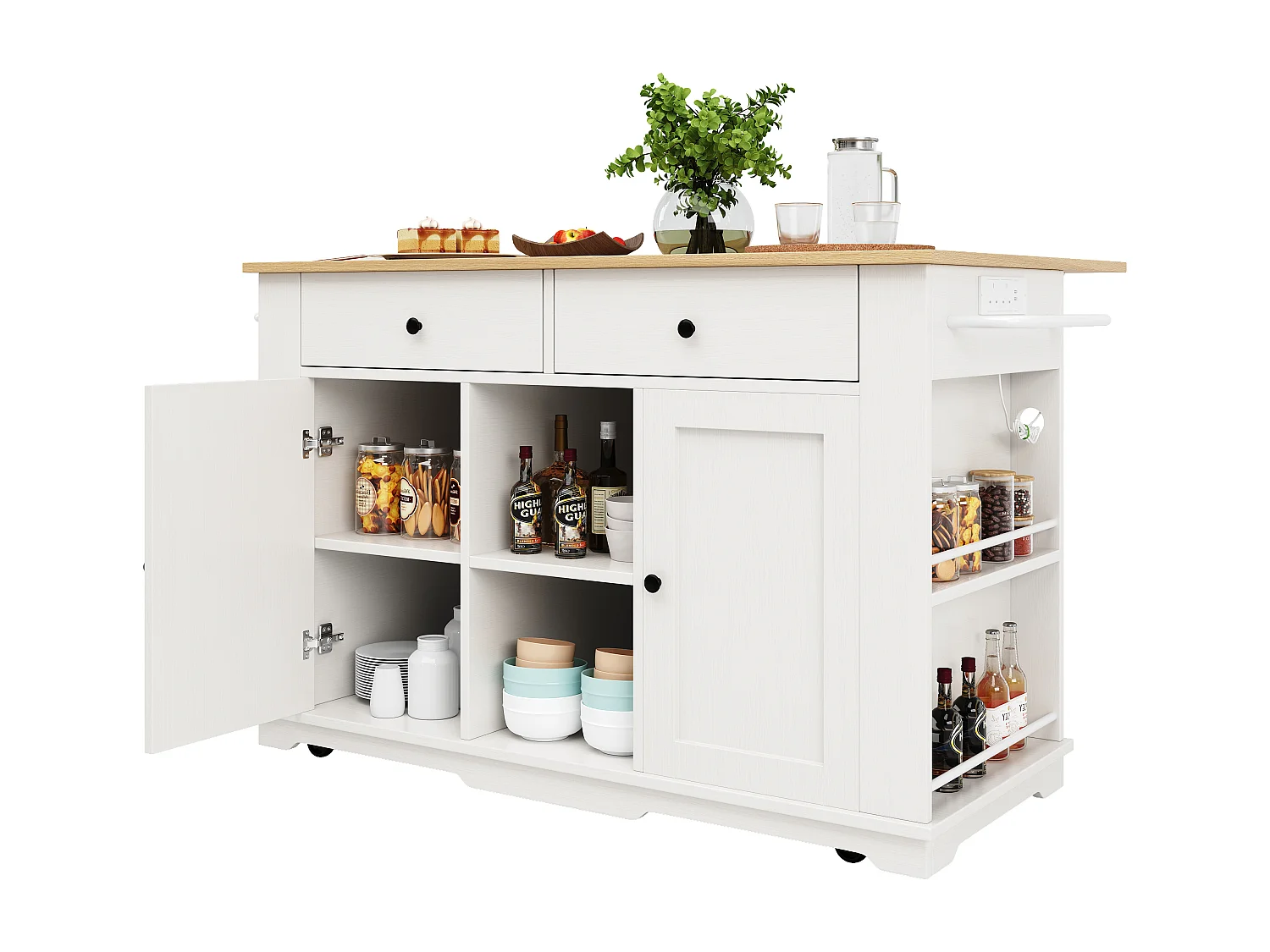 Kitchen island - rolling cart with power outlets - with extendable countertop - 2 doors, 2 drawers, and 2 compartments - White
