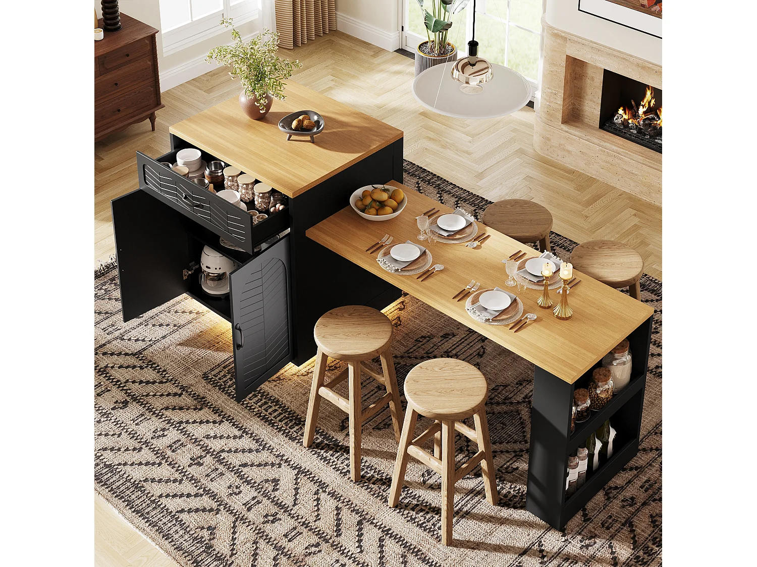 Kitchen island - extendable dining table - with LED lights - with 2 drawers and 4 doors - Black