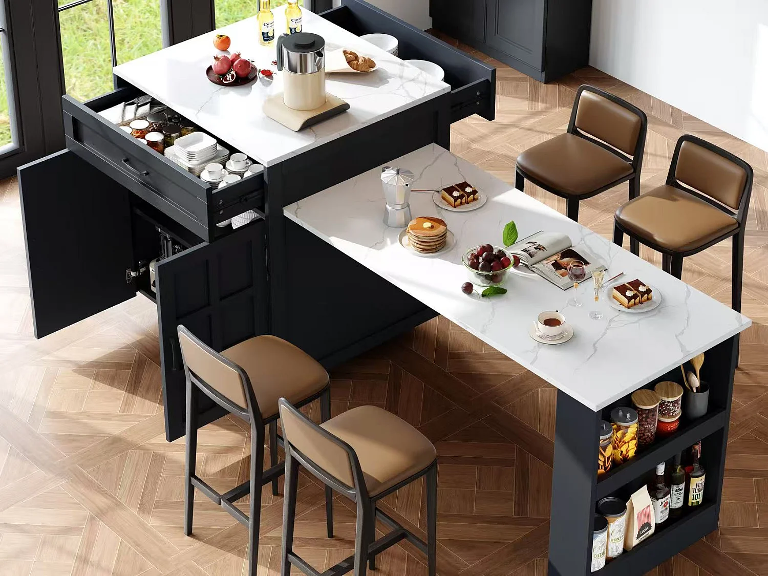 Kitchen island with 2 doors and 2 drawers - Extendable top - Artificial marble countertops - 133(202)x59x93.5 cm - Seats 2 to 6 - Black + White
