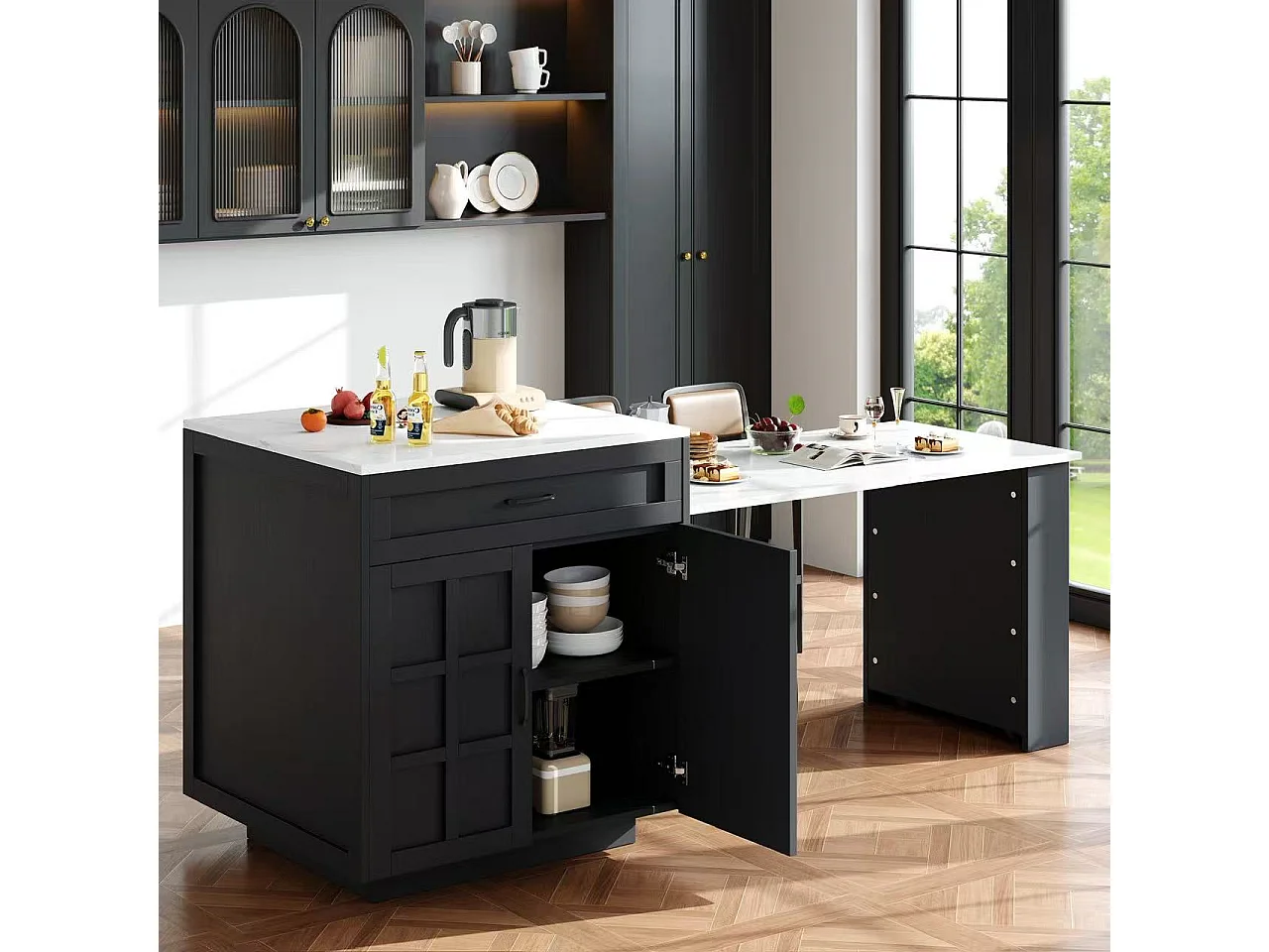 Kitchen island with 2 doors and 2 drawers - Extendable top - Artificial marble countertops - 133(202)x59x93.5 cm - Seats 2 to 6 - Black + White