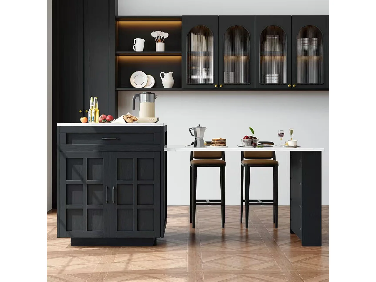 Kitchen island with 2 doors and 2 drawers - Extendable top - Artificial marble countertops - 133(202)x59x93.5 cm - Seats 2 to 6 - Black + White