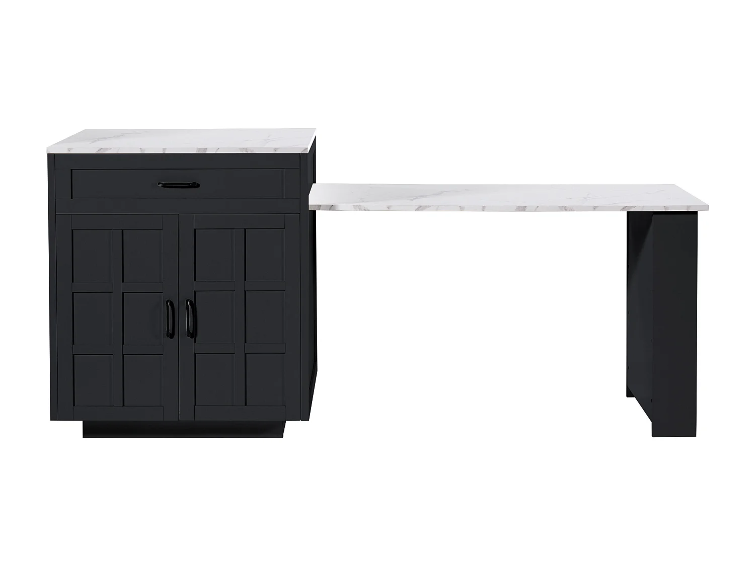 Kitchen island with 2 doors and 2 drawers - Extendable top - Artificial marble countertops - 133(202)x59x93.5 cm - Seats 2 to 6 - Black + White