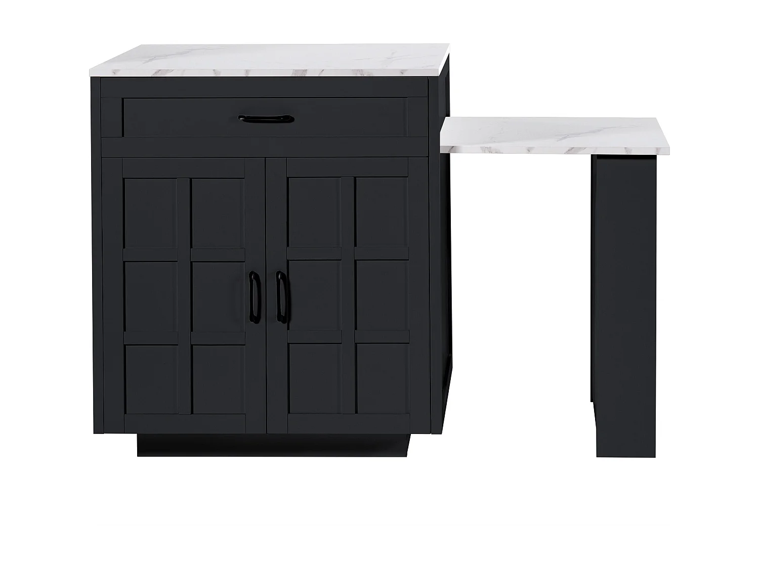 Kitchen island with 2 doors and 2 drawers - Extendable top - Artificial marble countertops - 133(202)x59x93.5 cm - Seats 2 to 6 - Black + White