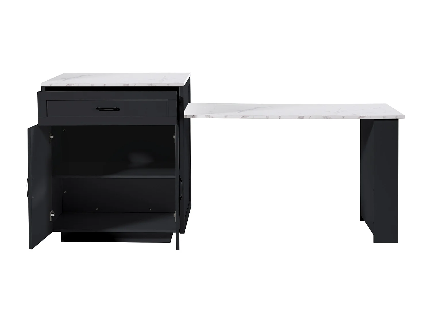 Kitchen island with 2 doors and 2 drawers - Extendable top - Artificial marble countertops - 133(202)x59x93.5 cm - Seats 2 to 6 - Black + White