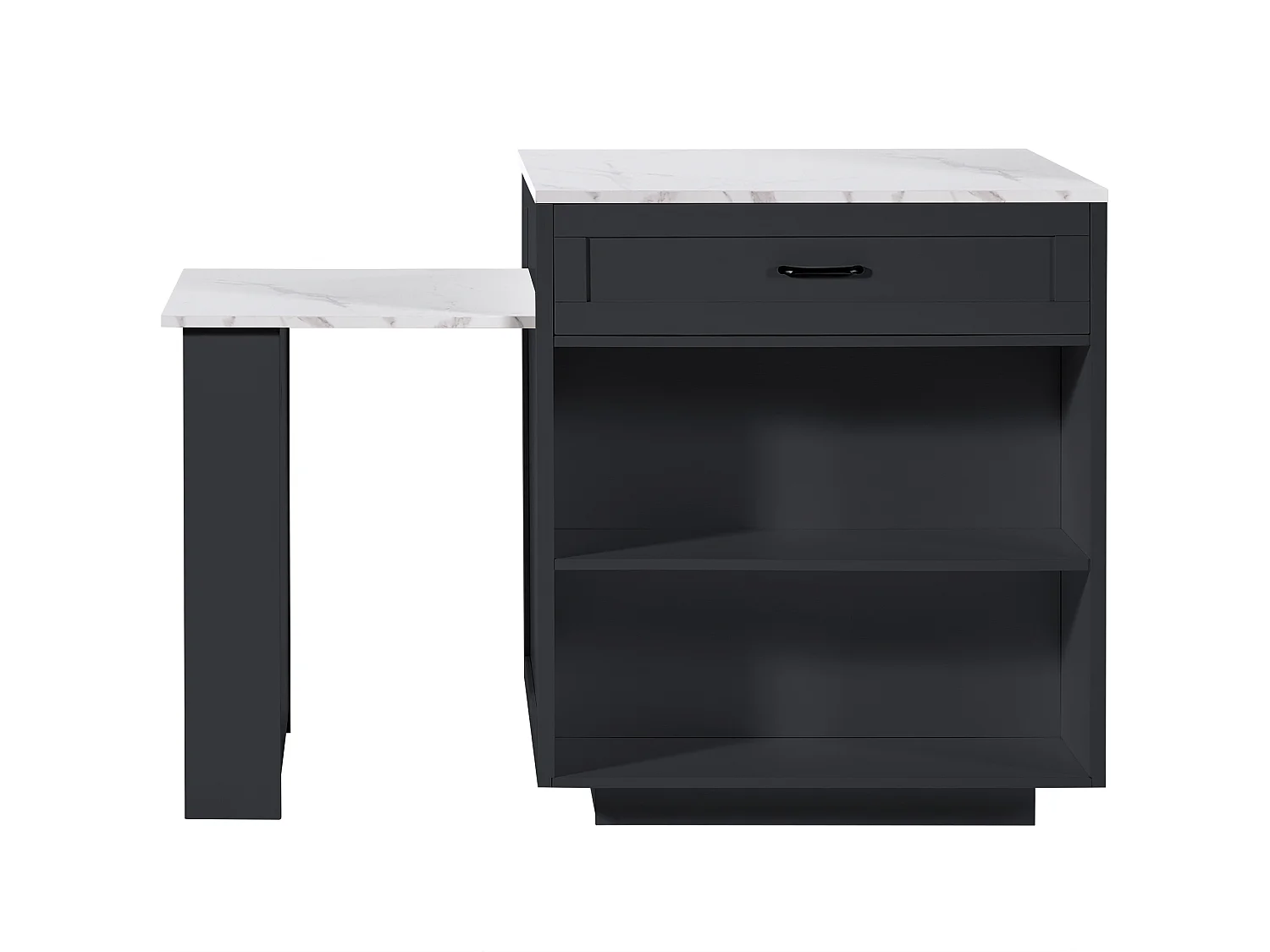 Kitchen island with 2 doors and 2 drawers - Extendable top - Artificial marble countertops - 133(202)x59x93.5 cm - Seats 2 to 6 - Black + White