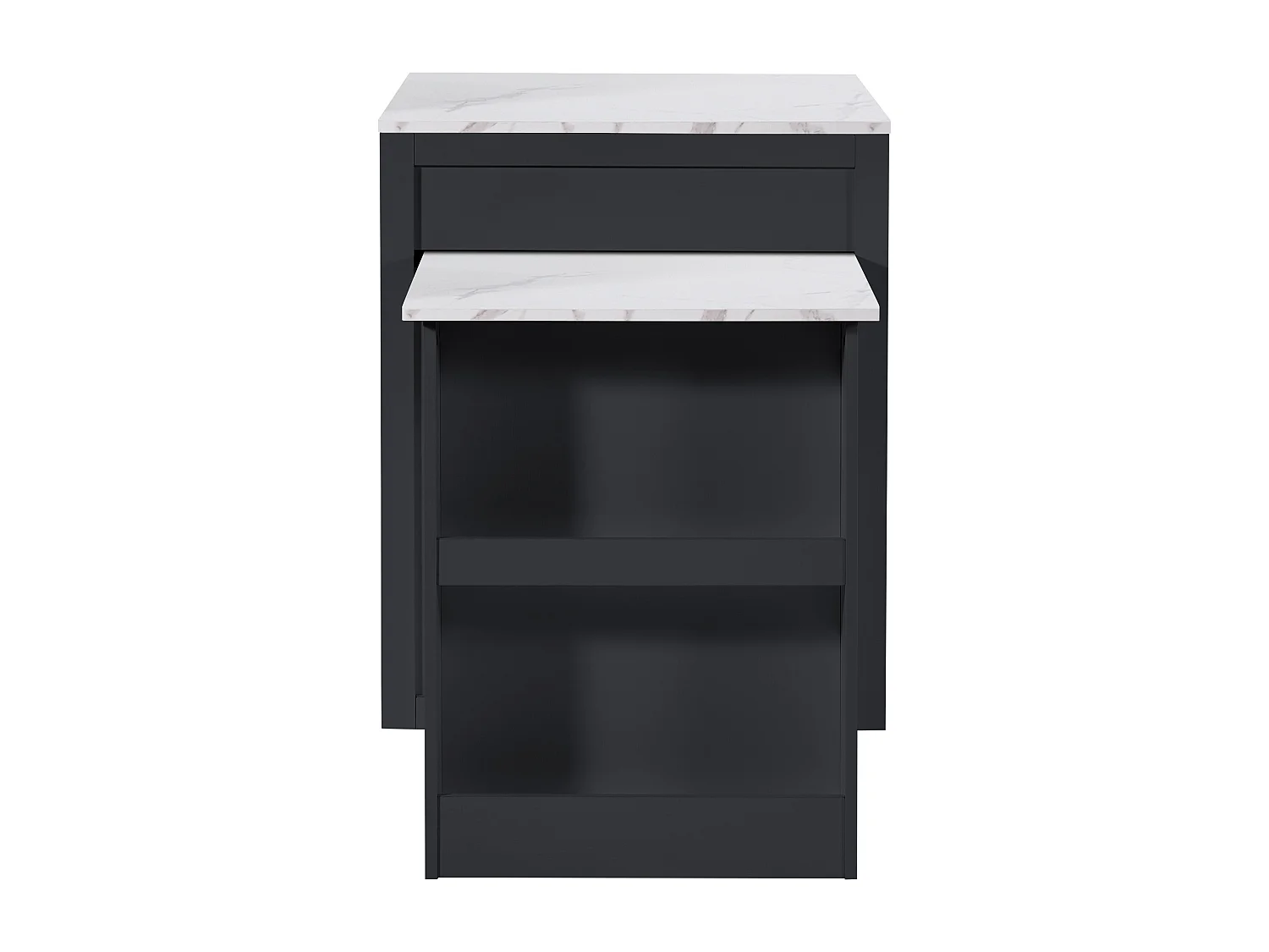 Kitchen island with 2 doors and 2 drawers - Extendable top - Artificial marble countertops - 133(202)x59x93.5 cm - Seats 2 to 6 - Black + White