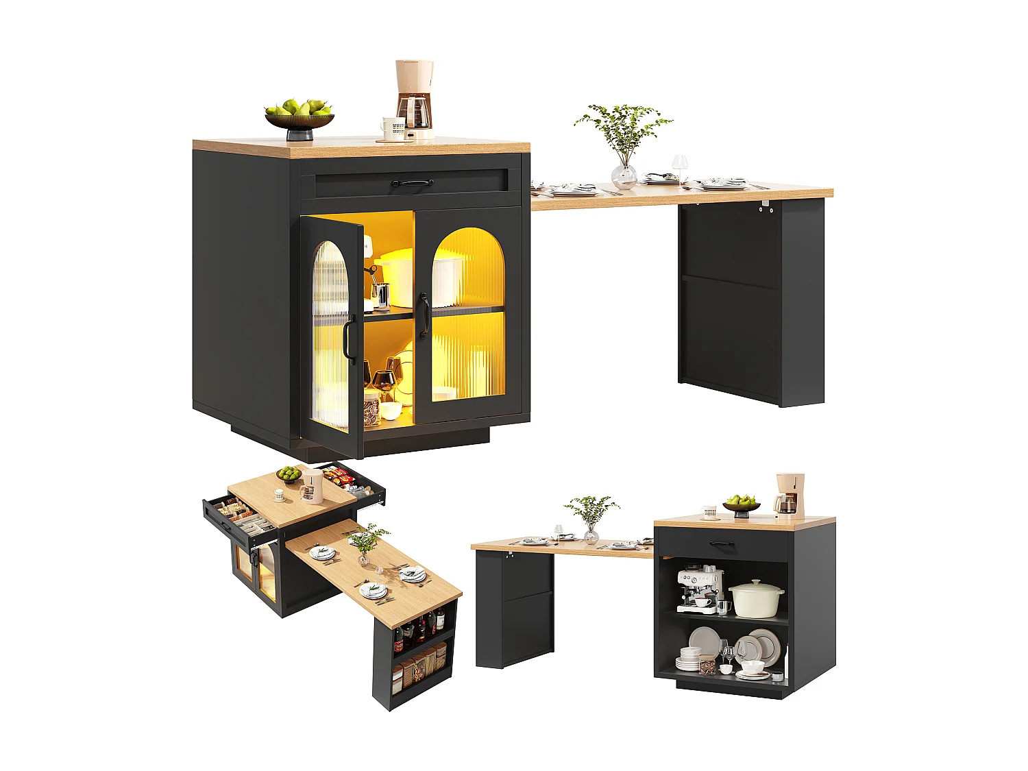 Kitchen Island with Extendable Table 126-196 cm, Sideboard with RGB LED, 2 Drawers, Adjustable Shelf and Glass Doors - Black