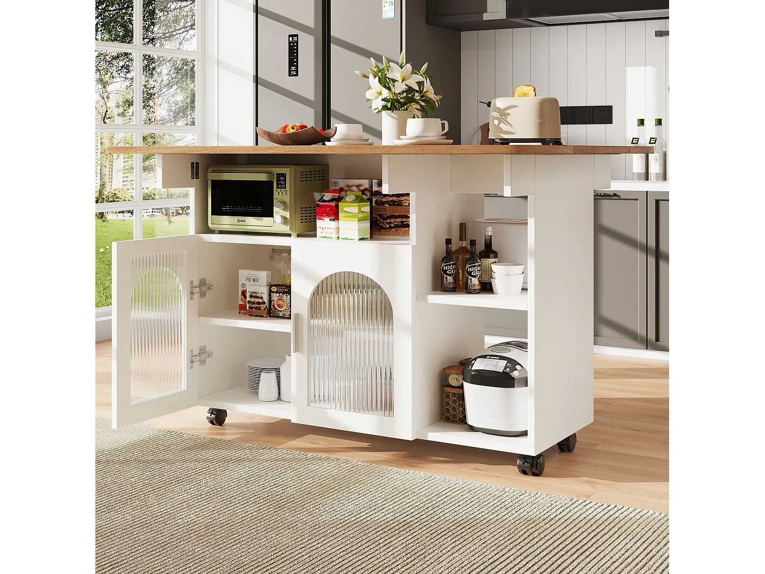 Kitchen island - rolling cart with extendable top - 2 doors and 3 open compartments - White