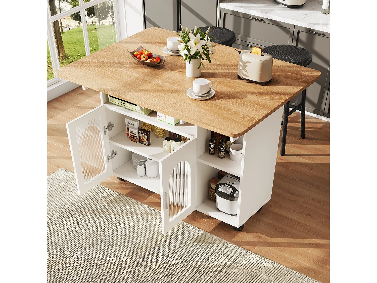 Kitchen island - rolling cart with extendable top - 2 doors and 3 open compartments - White