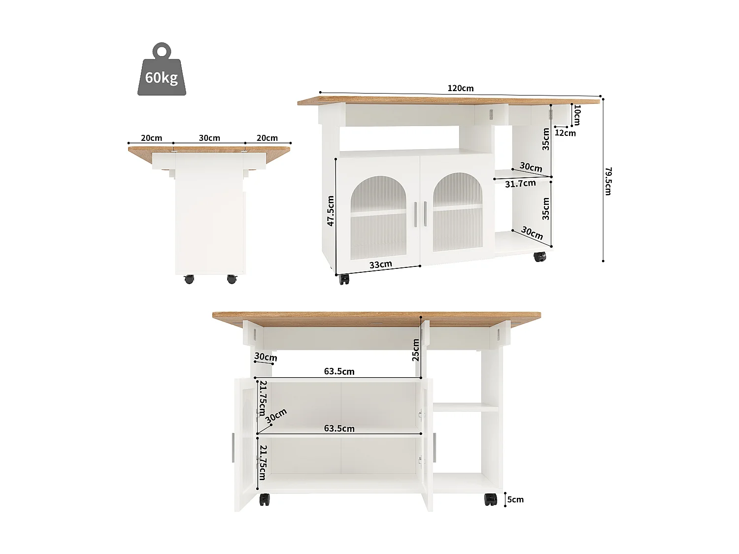 Kitchen island - rolling cart with extendable top - 2 doors and 3 open compartments - White