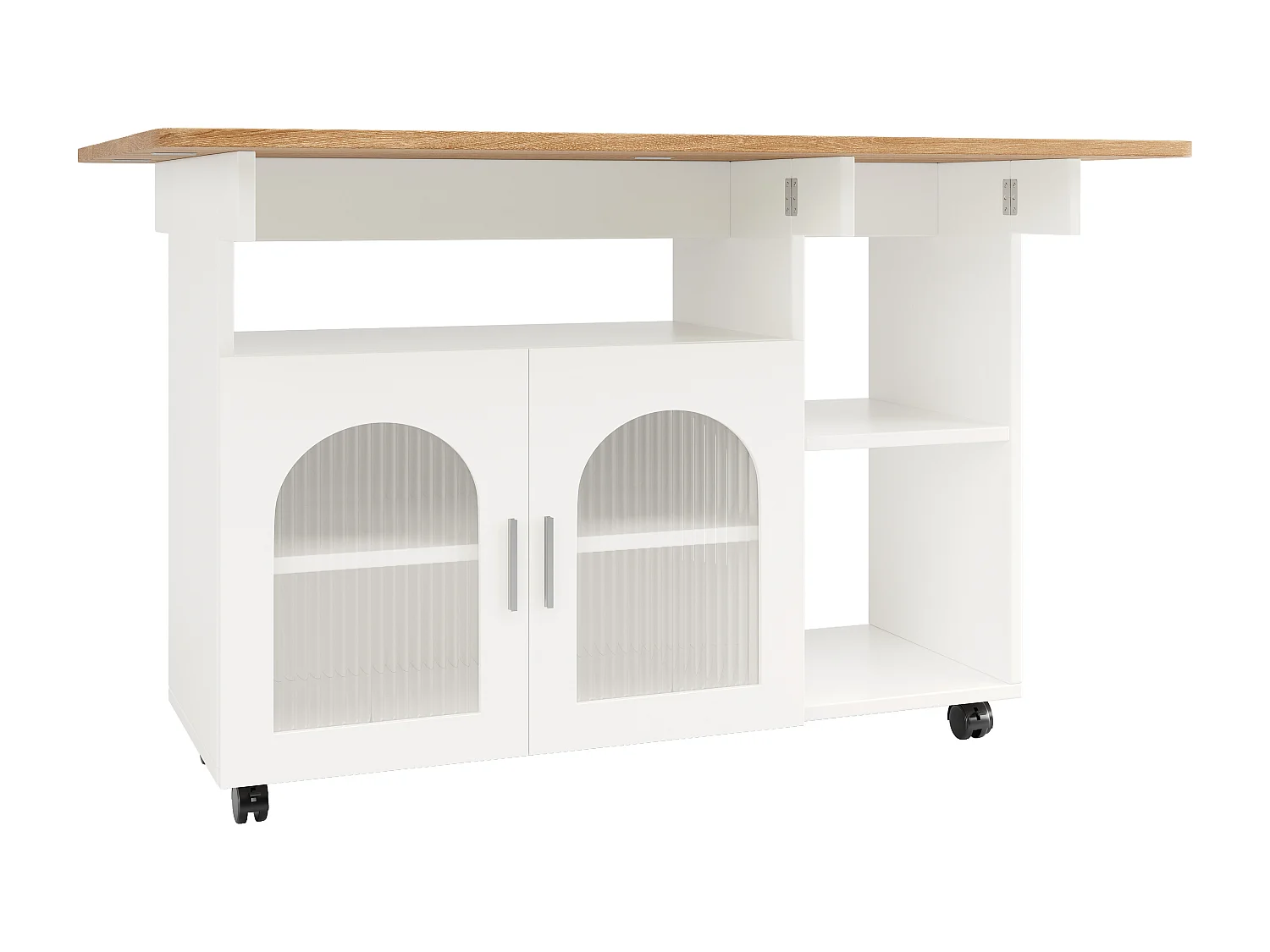 Kitchen island - rolling cart with extendable top - 2 doors and 3 open compartments - White