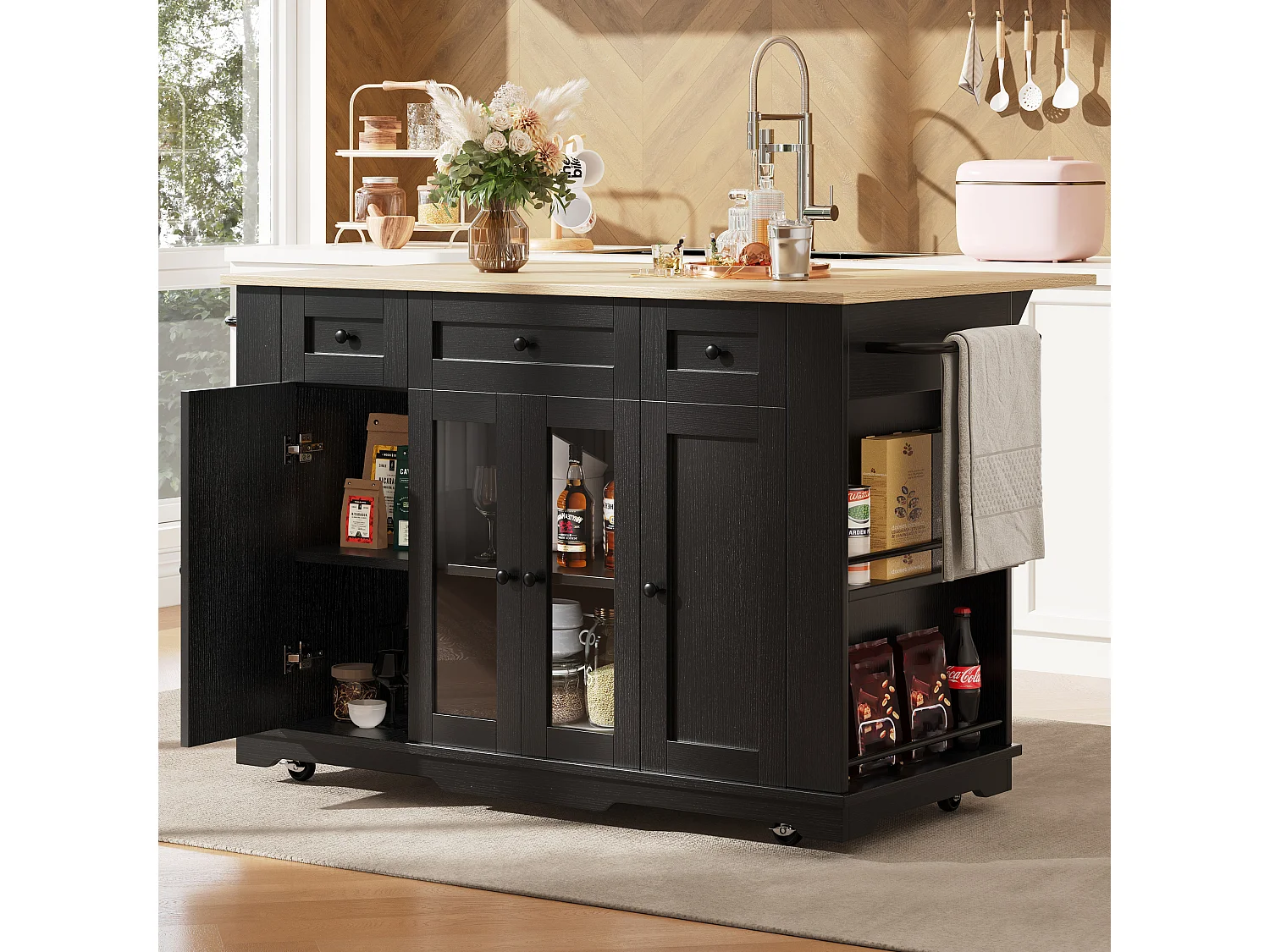 Kitchen island - rolling cart with extendable top - 3 drawers and 6 shelves - Black