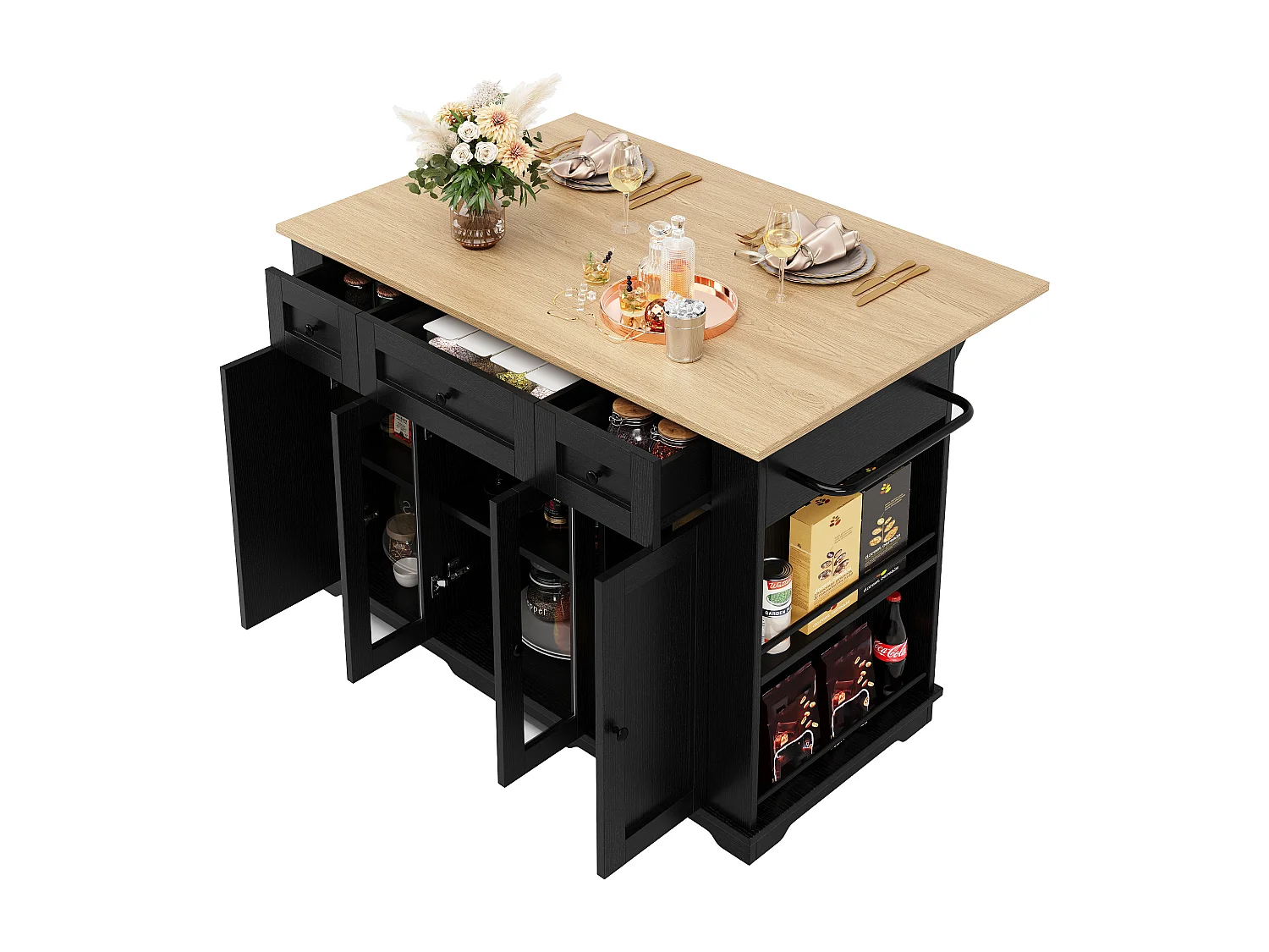 Kitchen island - rolling cart with extendable top - 3 drawers and 6 shelves - Black