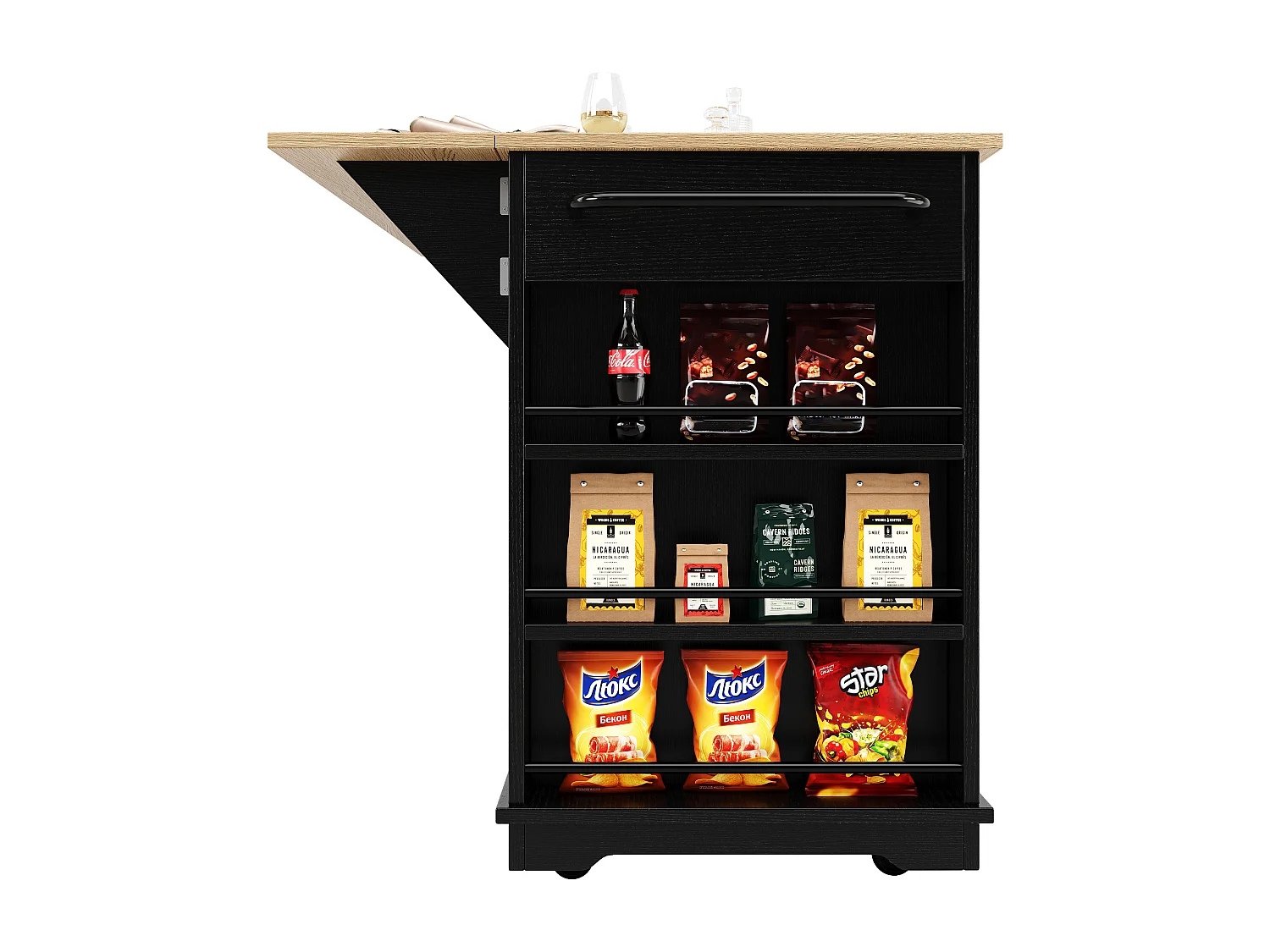 Kitchen island - rolling cart with extendable top - 3 drawers and 6 shelves - Black