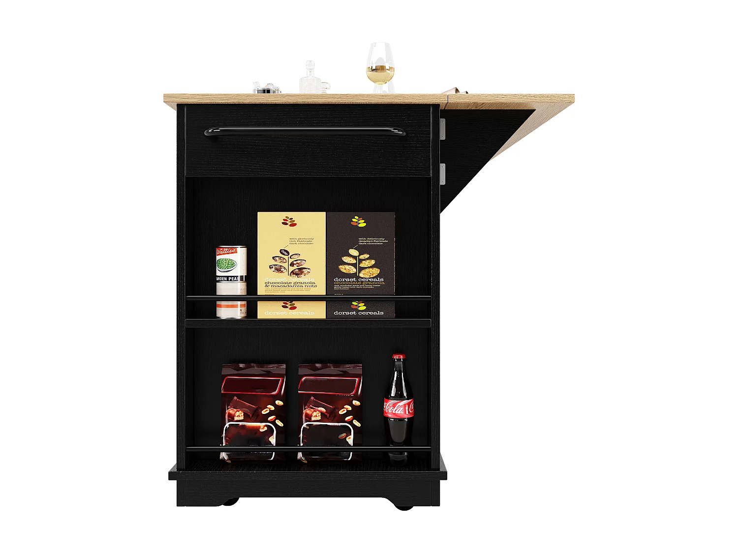 Kitchen island - rolling cart with extendable top - 3 drawers and 6 shelves - Black