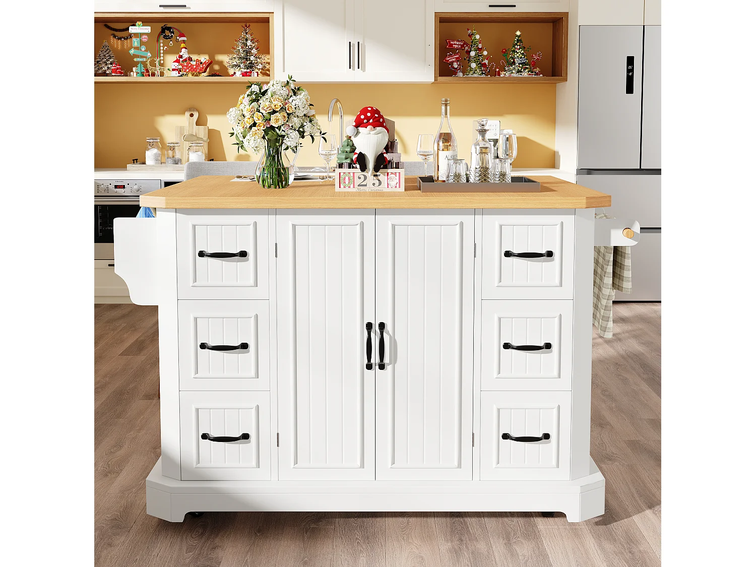 Mobile Kitchen Island - Extendable Top - 120x75x91cm - 2 Doors and 6 Drawers - with Towel Rail - White