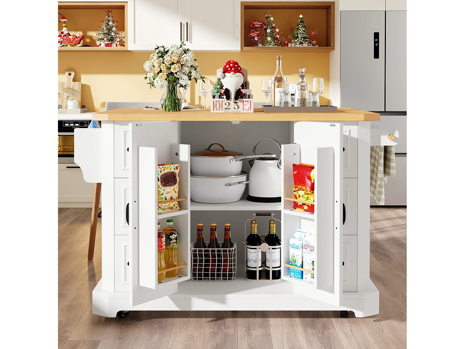Mobile Kitchen Island - Extendable Top - 120x75x91cm - 2 Doors and 6 Drawers - with Towel Rail - White