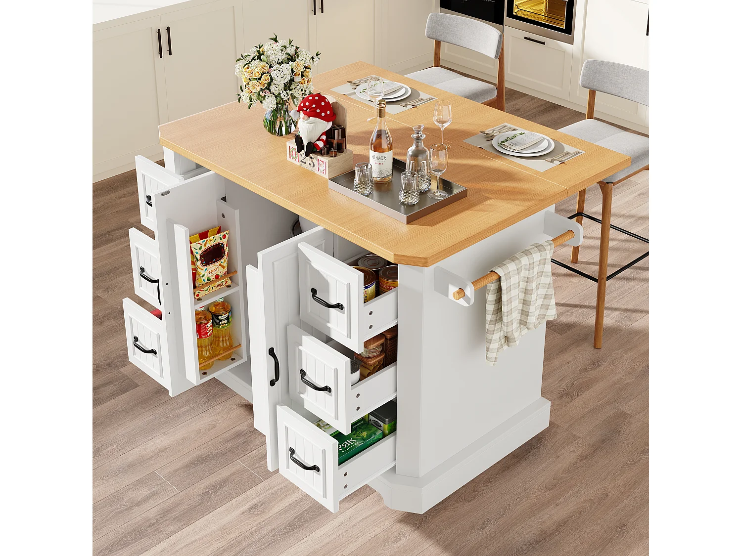 Mobile Kitchen Island - Extendable Top - 120x75x91cm - 2 Doors and 6 Drawers - with Towel Rail - White