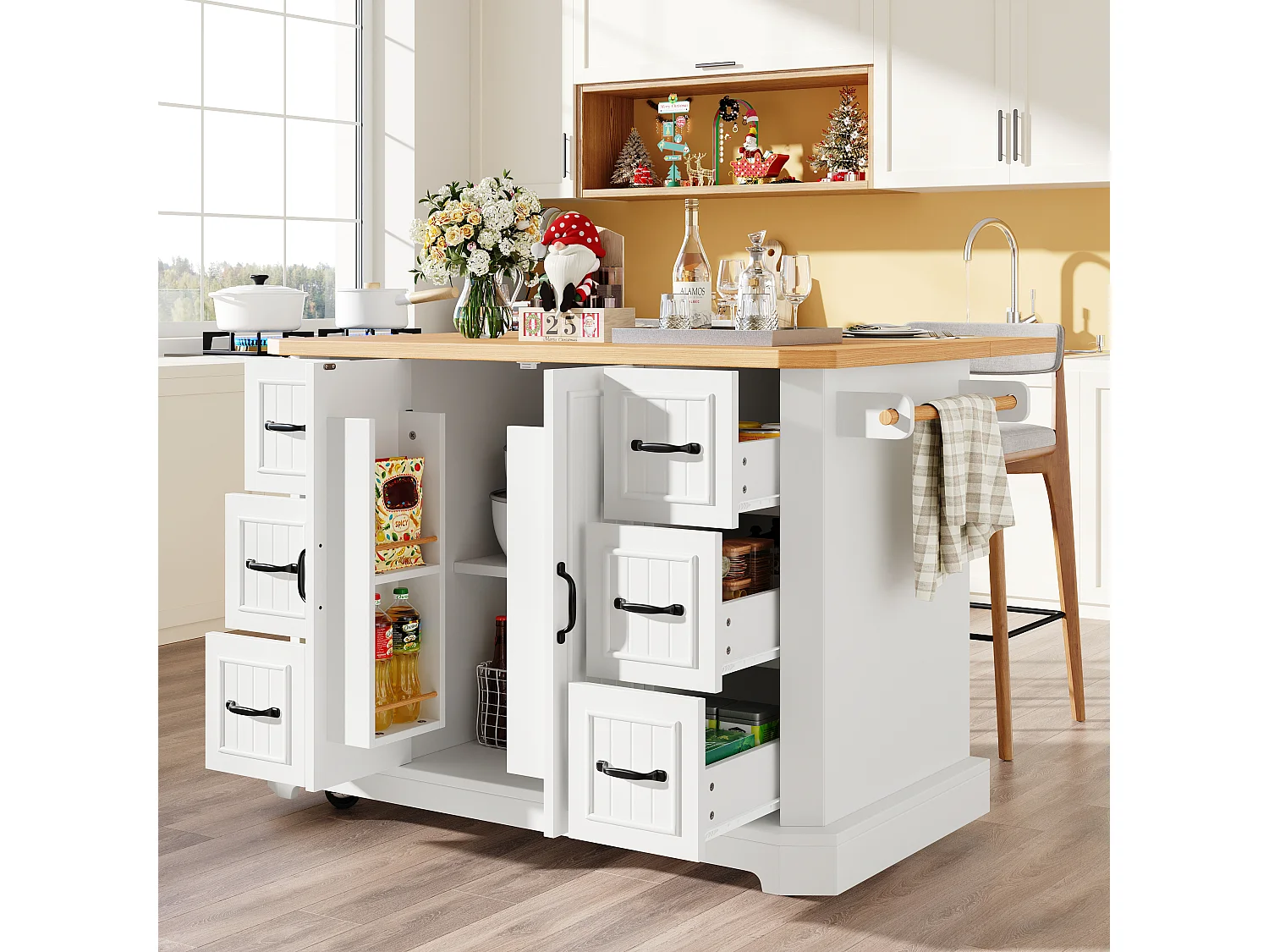 Mobile Kitchen Island - Extendable Top - 120x75x91cm - 2 Doors and 6 Drawers - with Towel Rail - White