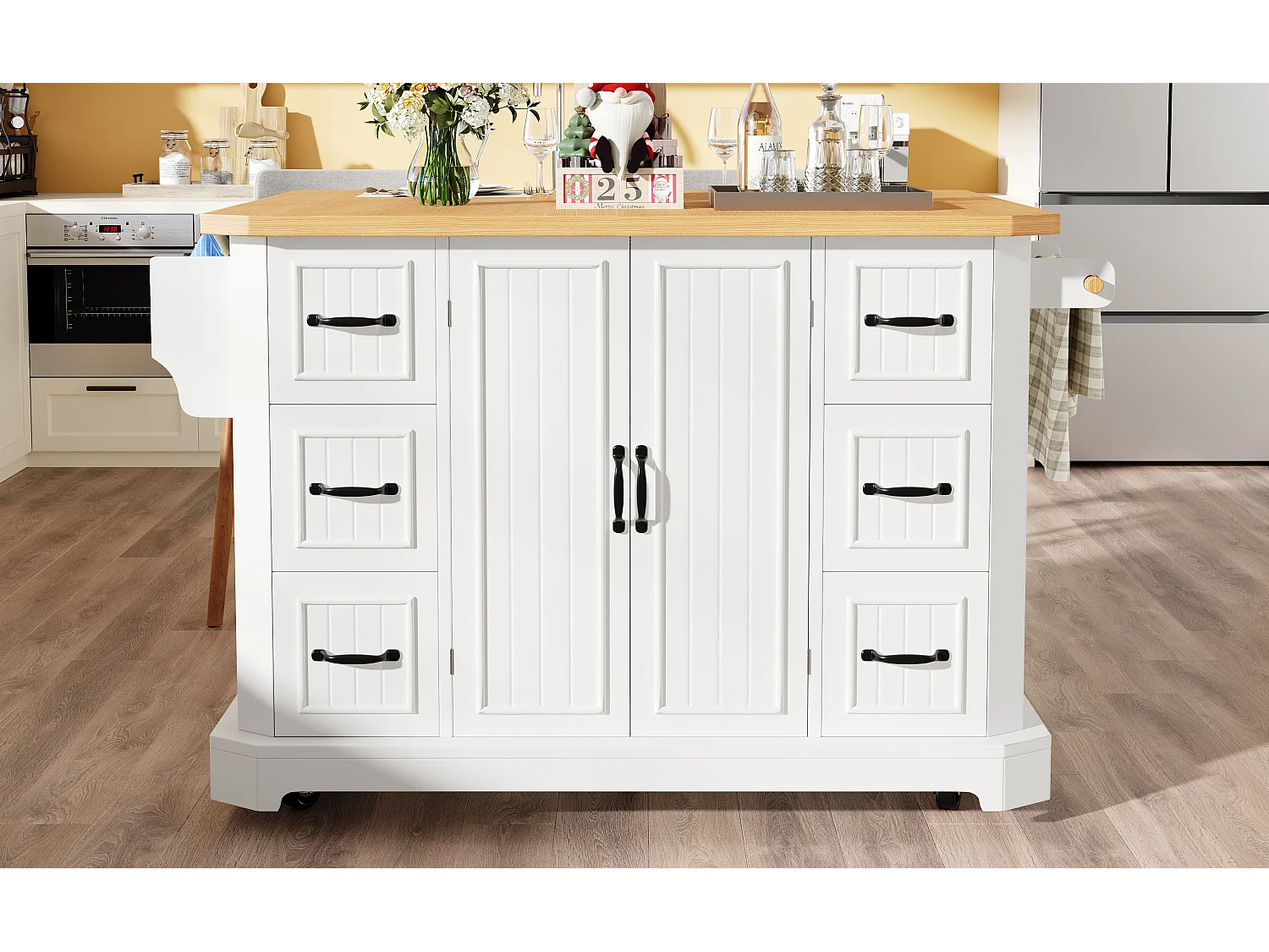Mobile Kitchen Island - Extendable Top - 120x75x91cm - 2 Doors and 6 Drawers - with Towel Rail - White