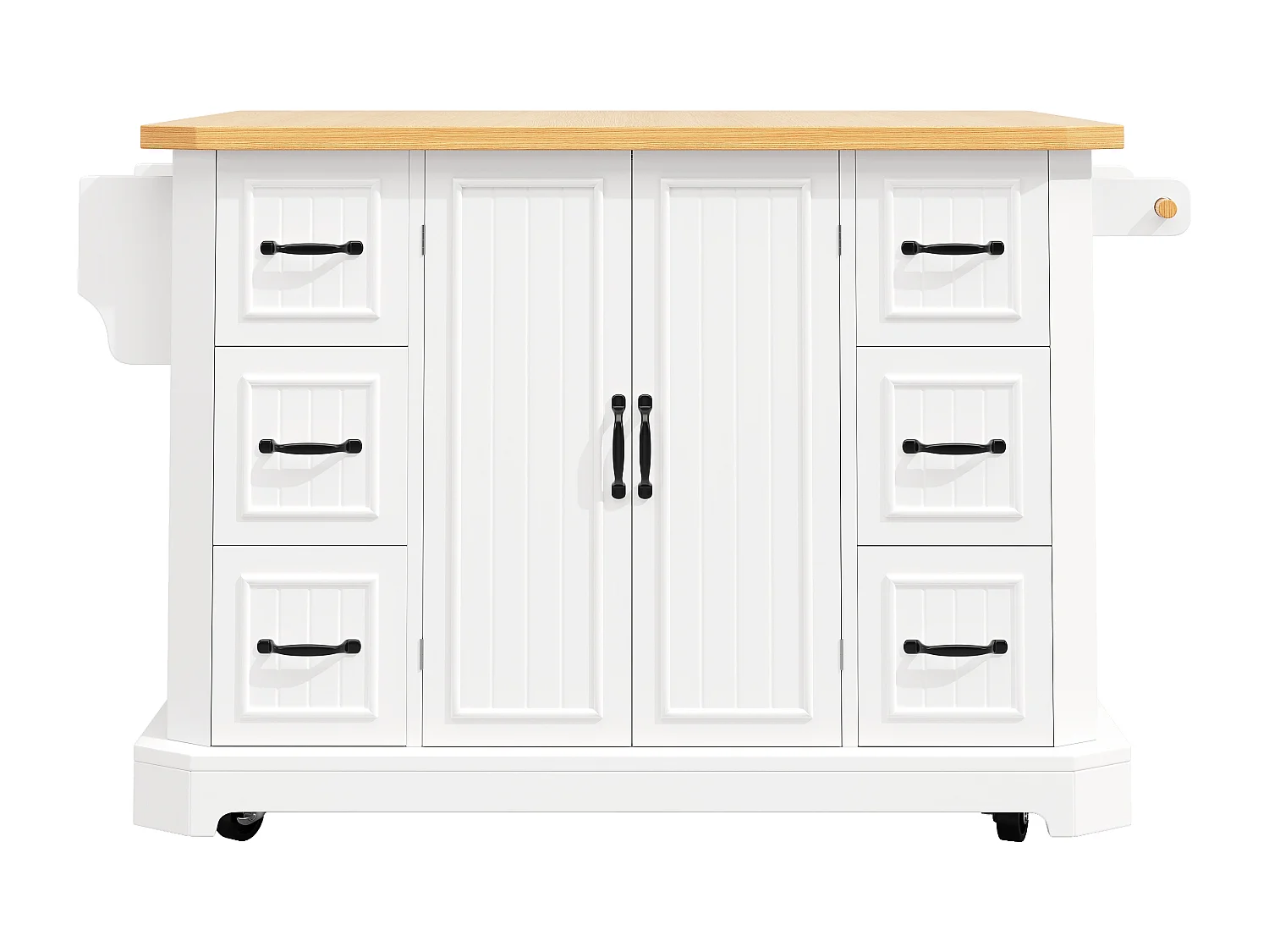 Mobile Kitchen Island - Extendable Top - 120x75x91cm - 2 Doors and 6 Drawers - with Towel Rail - White