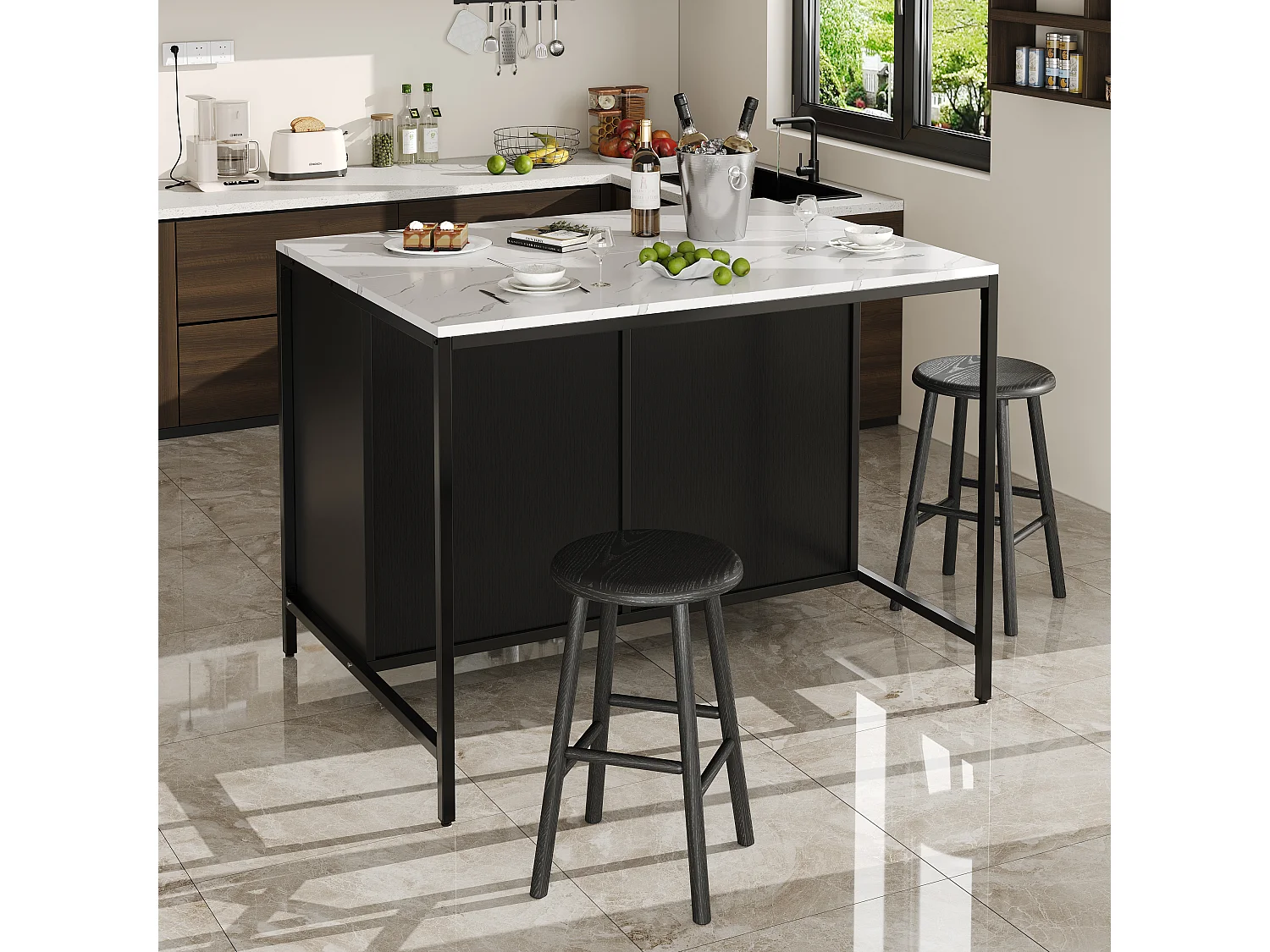 Kitchen island - 2 drawers and 2 doors - Marble texture - MDF - black + white