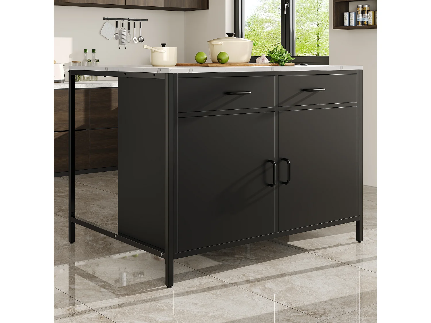 Kitchen island - 2 drawers and 2 doors - Marble texture - MDF - black + white