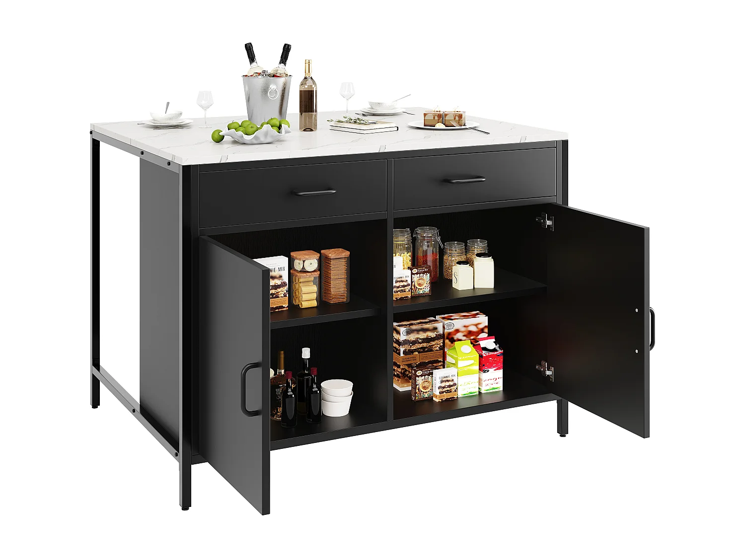 Kitchen island - 2 drawers and 2 doors - Marble texture - MDF - black + white