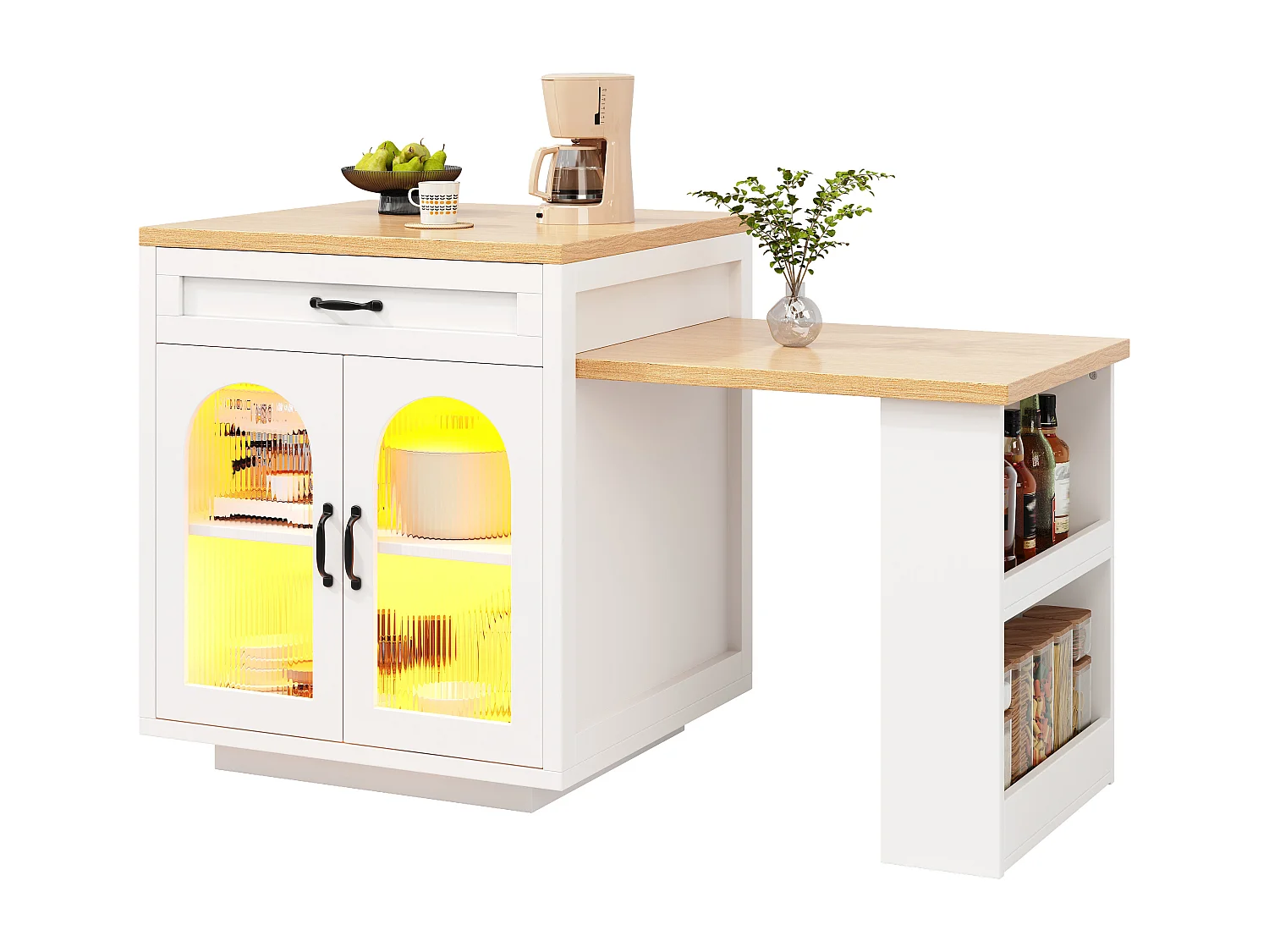 Kitchen Island with Extendable Table 126-196 cm, Sideboard with RGB LED, 2 Drawers, Adjustable Shelf and Glass Doors - White