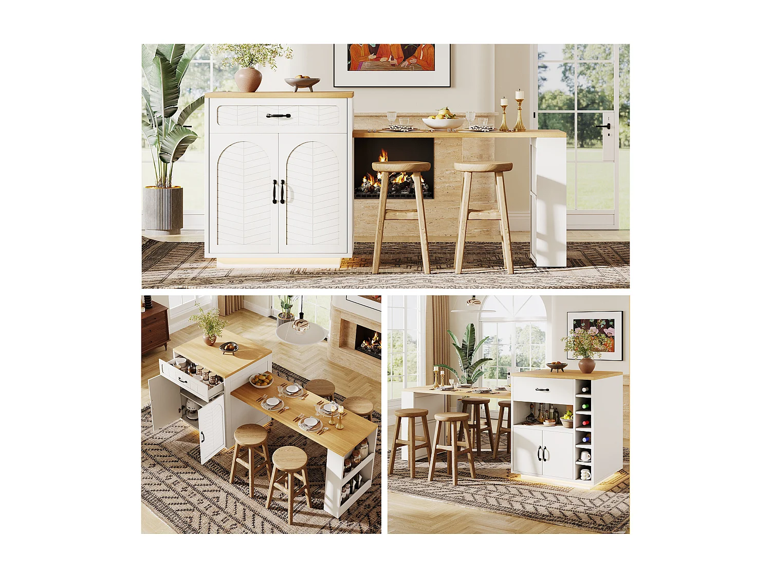 Kitchen island - extendable dining table - with LED lights - with 2 drawers and 4 doors - White finish