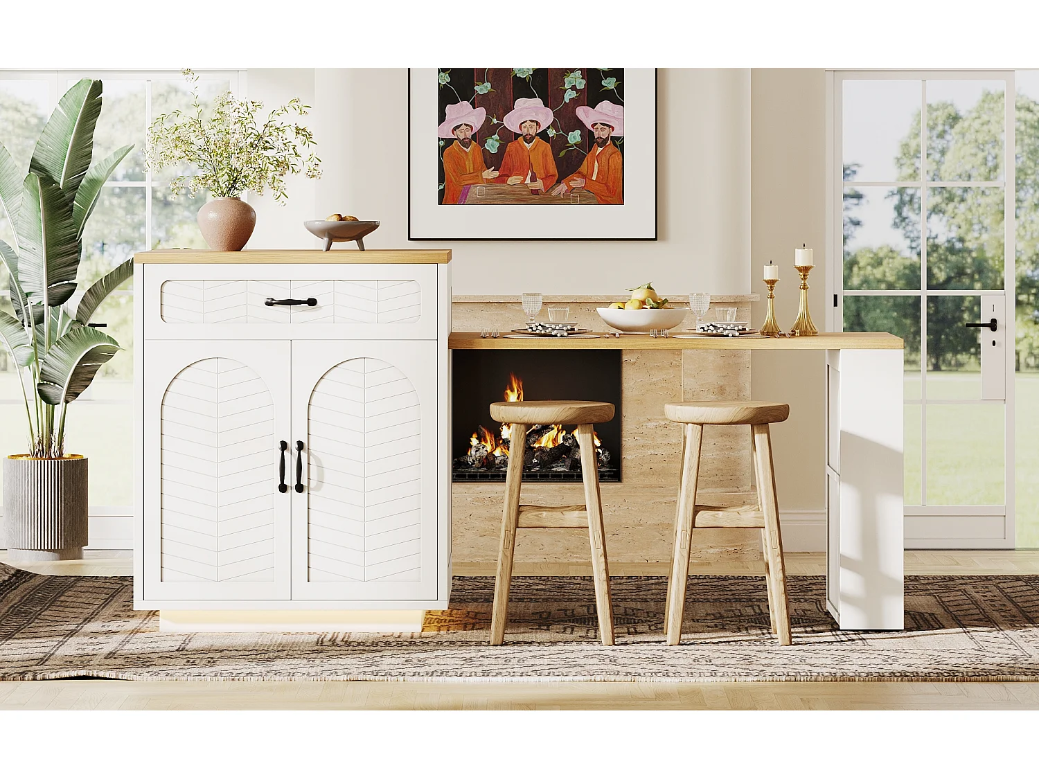 Kitchen island - extendable dining table - with LED lights - with 2 drawers and 4 doors - White finish