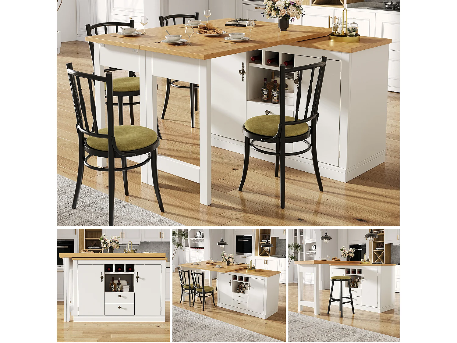 Extendable kitchen bar unit - 360° rotation - large table - 180x79.5x71.5cm - 2 drawers and 2 doors - 3 wine racks - White