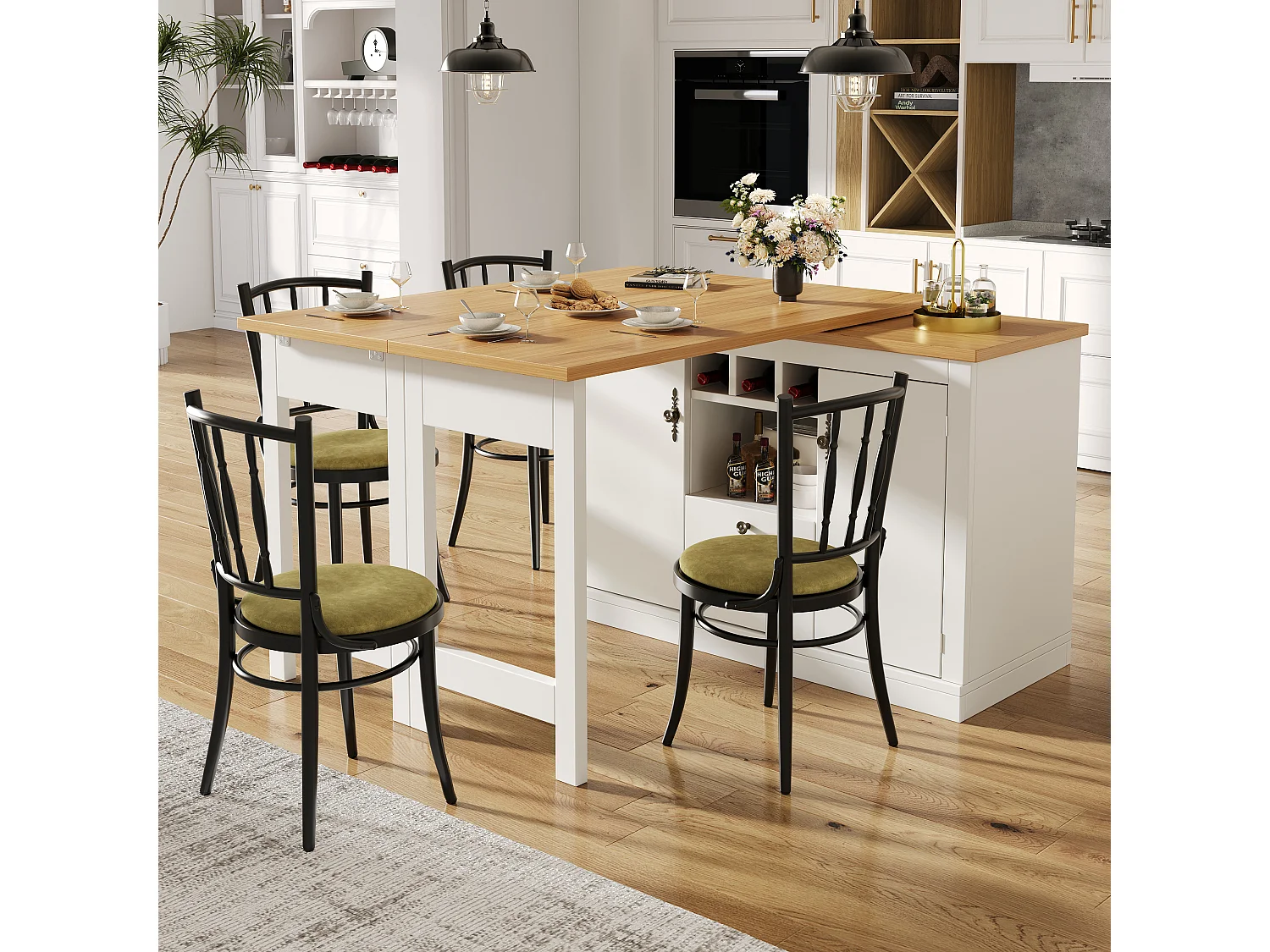 Extendable kitchen bar unit - 360° rotation - large table - 180x79.5x71.5cm - 2 drawers and 2 doors - 3 wine racks - White