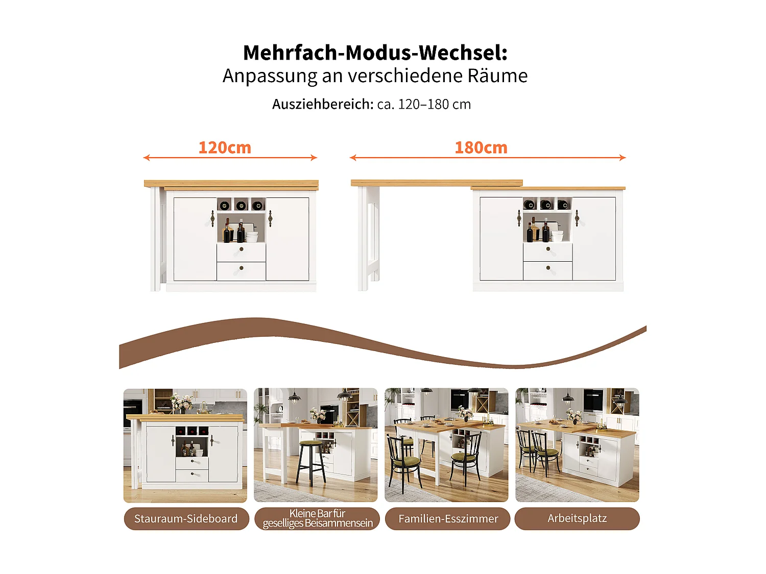 Extendable kitchen bar unit - 360° rotation - large table - 180x79.5x71.5cm - 2 drawers and 2 doors - 3 wine racks - White