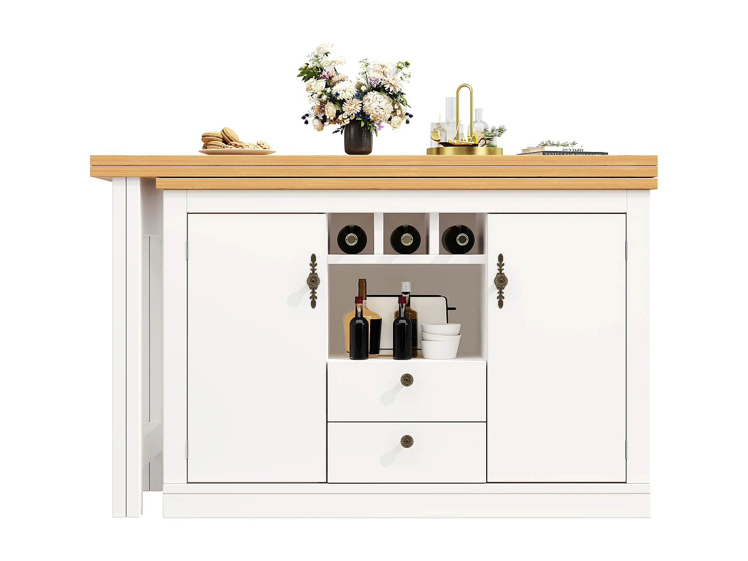 Extendable kitchen bar unit - 360° rotation - large table - 180x79.5x71.5cm - 2 drawers and 2 doors - 3 wine racks - White
